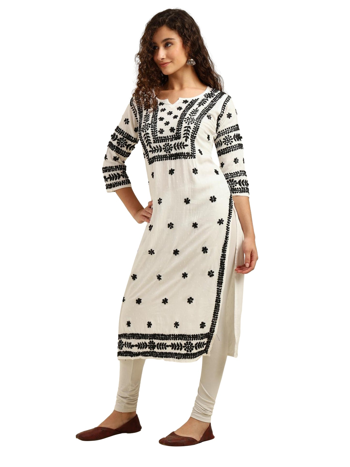 Nazaira White Rayon Lucknowi Chikankari Kurti for Women with Black Hand Embroidery – Long Ethnic Kurta