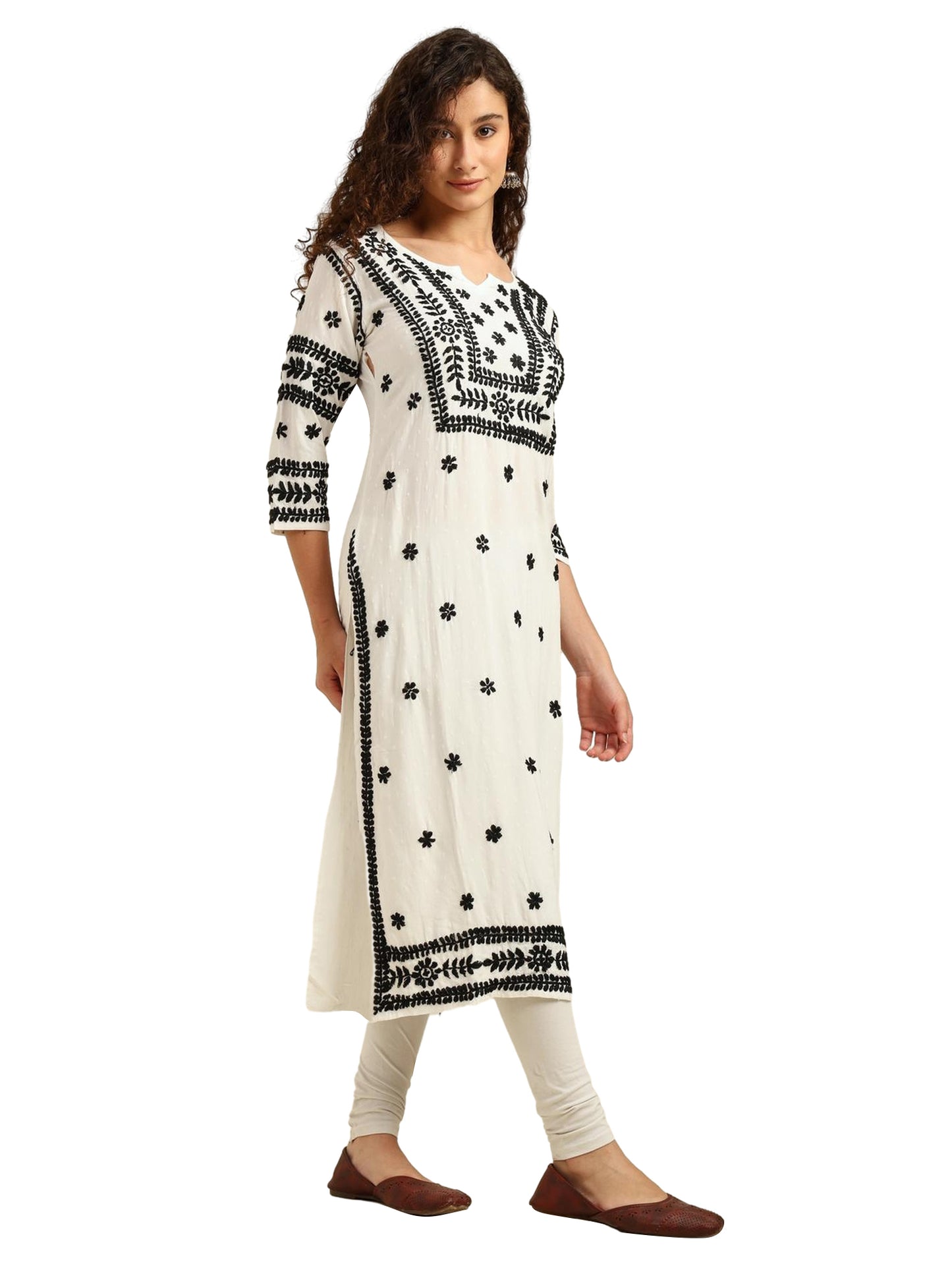 Nazaira White Rayon Lucknowi Chikankari Kurti for Women with Black Hand Embroidery – Long Ethnic Kurta