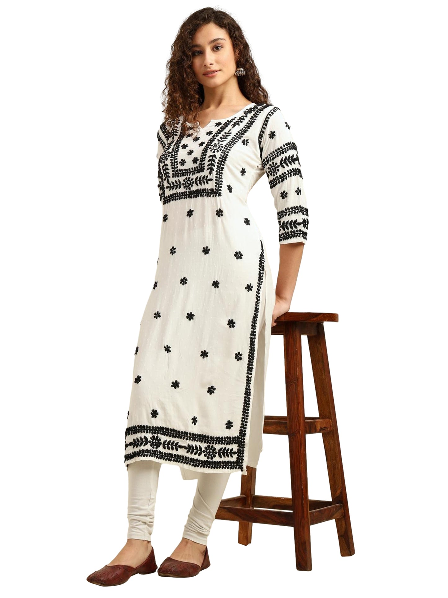 Nazaira White Rayon Lucknowi Chikankari Kurti for Women with Black Hand Embroidery – Long Ethnic Kurta