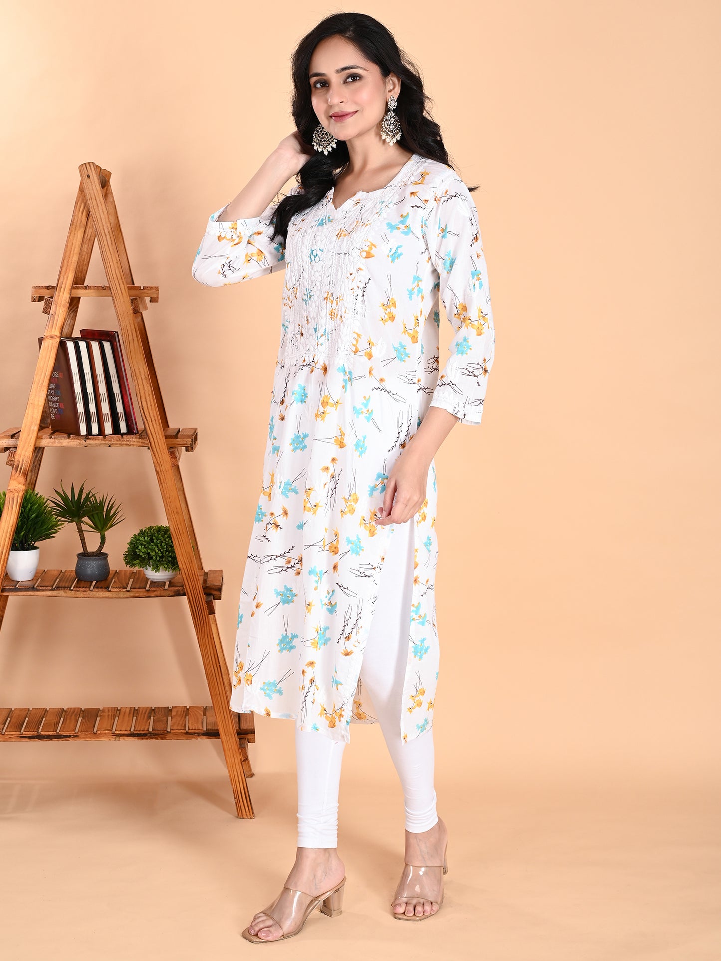 Mulmul Cotton Lucknowi Chikankari Blue Floral Printed Long Kurta for Women with Hand Embroidery – Ethnic Wear Kurti