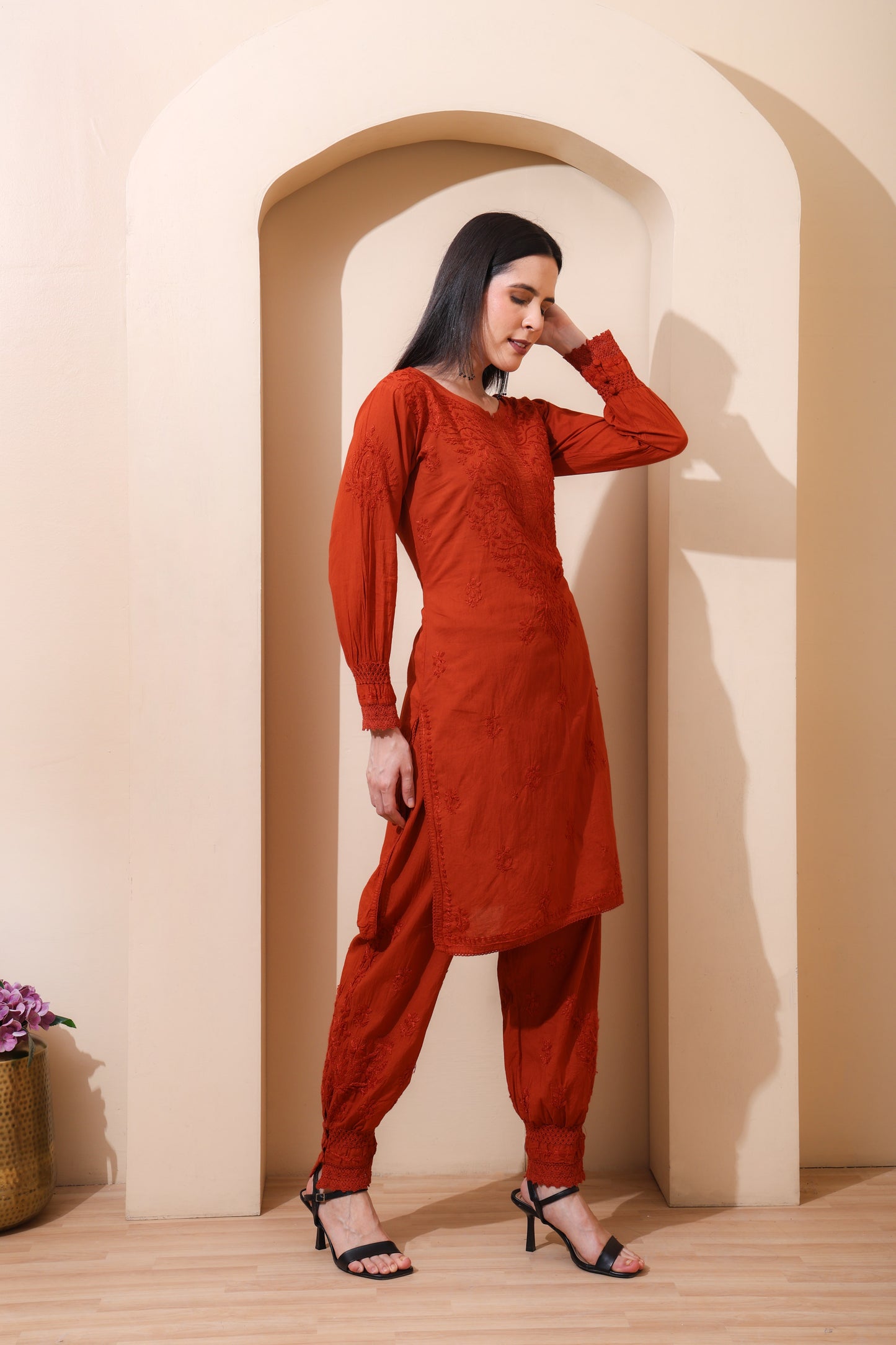 Nazaira Women’s Cotton Chikankari Kurta Pant Set | Hand Embroidered Lucknowi Chikankari Afghani Set for Women | Ethnic Kurti Set with Bottom Wear | Rust