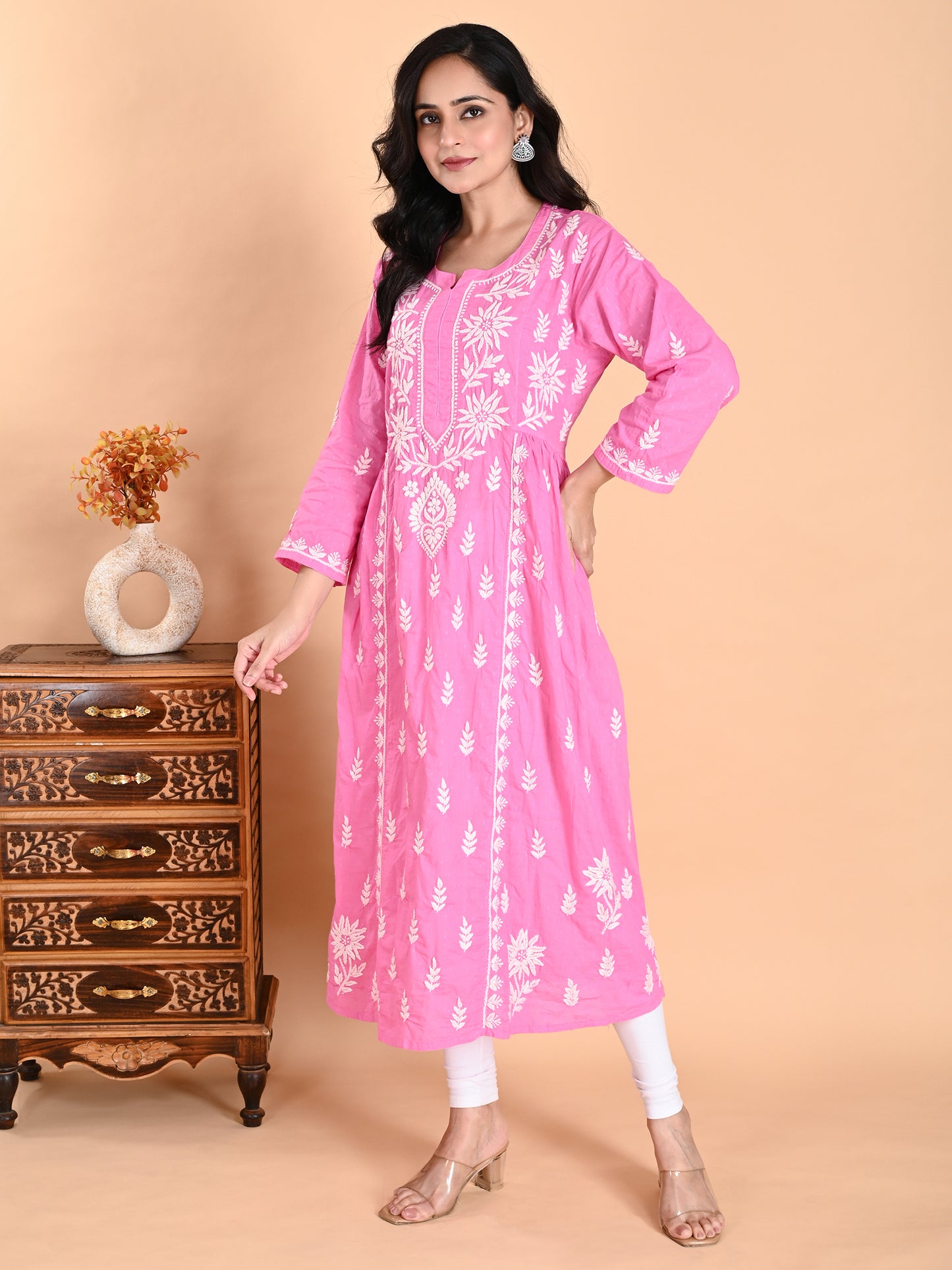 Pink Cotton Lucknowi Chikankari Long Gown Style Kurta for Women with White Hand Embroidery – Ethnic Wear Kurti