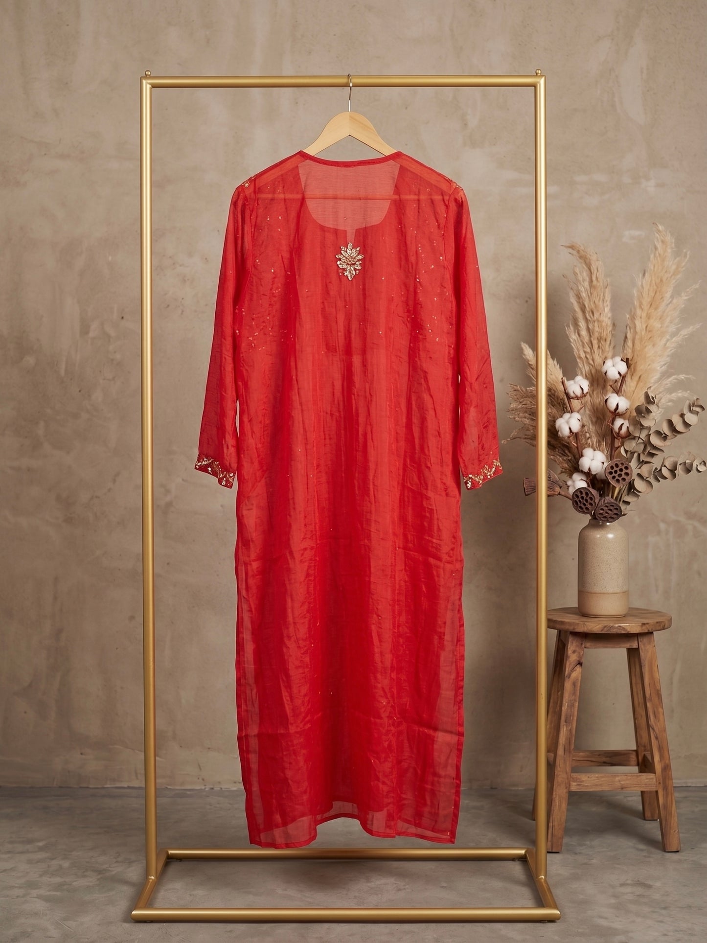 Nazaira Pure Mul Chanderi Semi-Stitched Suit for Women with Dupatta | Hand Embroidered Lucknow Chikankari Kurta Set | Pitta Work Naira Cut Gown Style Ethnic Wear | Dress Material | Red