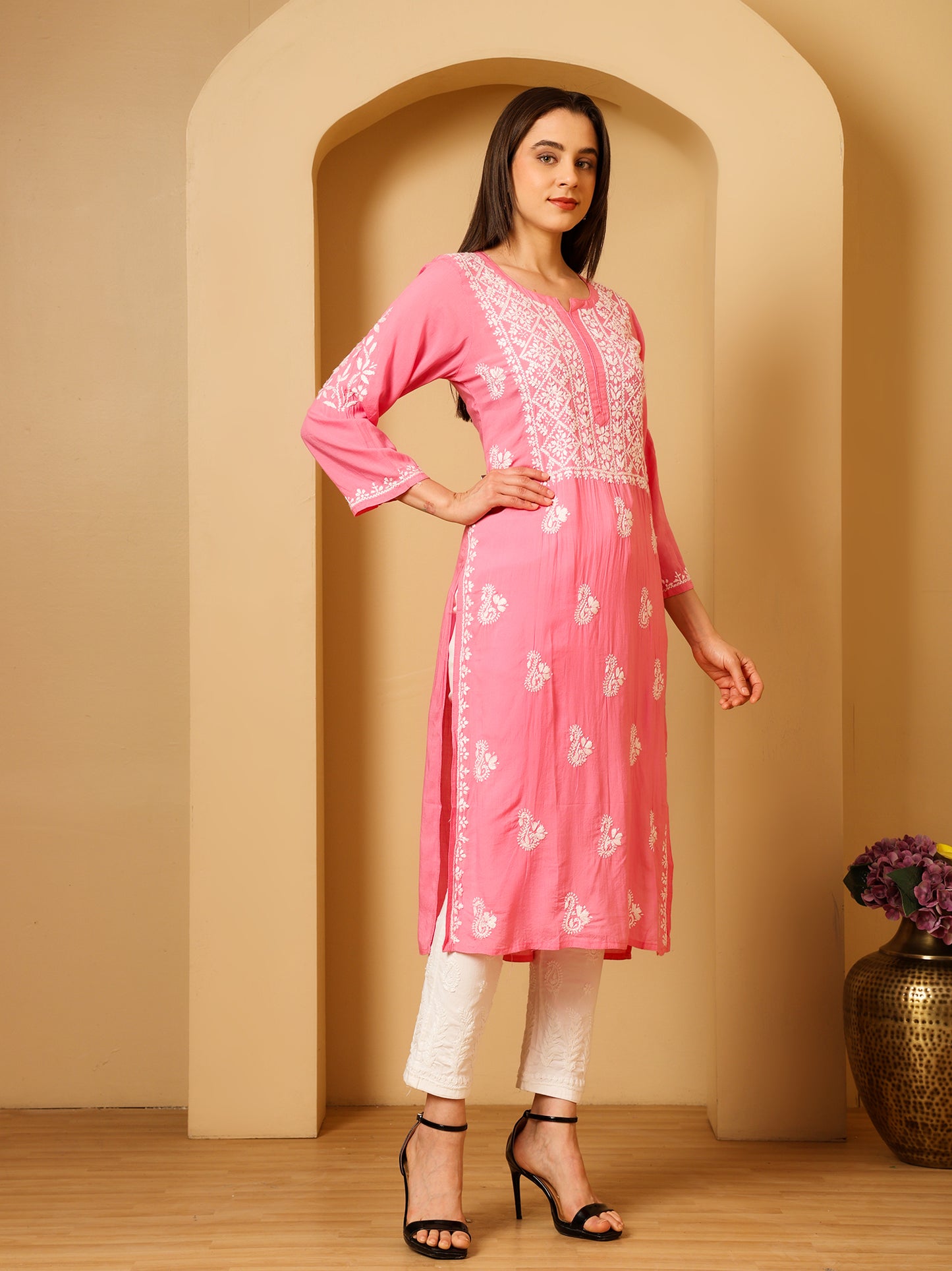 Nazaira Women’s Modal Chikankari Kurta Pink | Hand Embroidered Lucknowi Chikankari Kurti | Ethnic Wear Long Kurta for Women | Lightweight Breathable Daily & Festive Wear