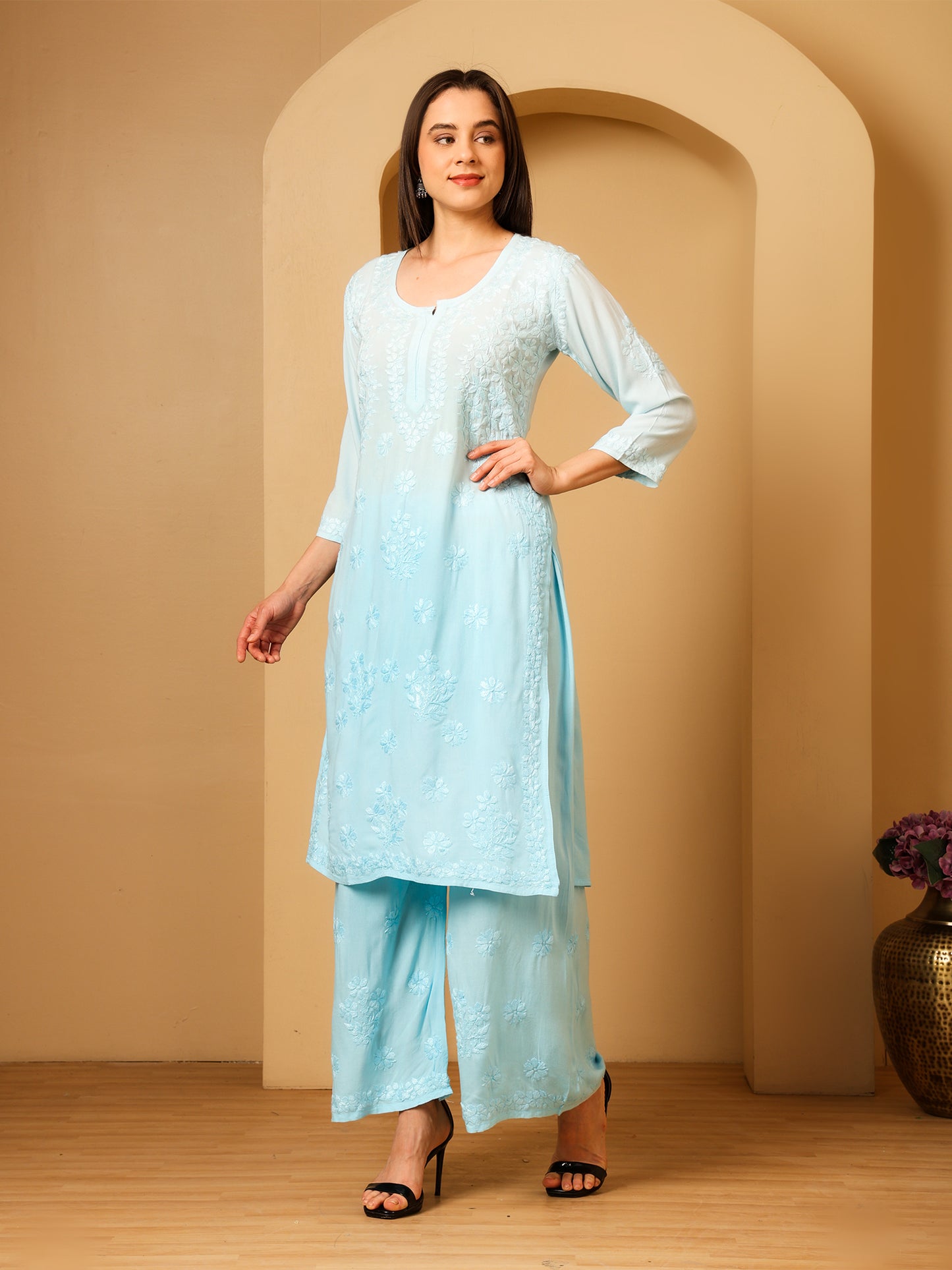 Nazaira Women’s Rayon Lucknow Chikankari Kurta Palazzo Set | Firozi Blue Ombre Hand Embroidered Kurti Set | Ethnic Wear for Women | Handmade Luckhnawi Chickankari Kurta with Palazzo