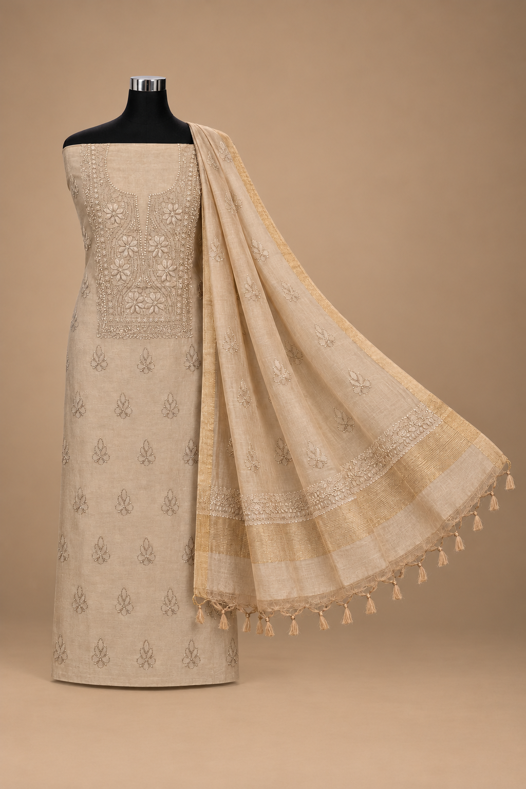 NAZAIRA Women's Tan Silk Chanderi Unstitched 2-Piece Suit (Kurta Fabric & Dupatta) | Hand Embroidered Lucknow Chikankari | Glass Gala Neck Work, All-Over Buti | Wedding & Festive