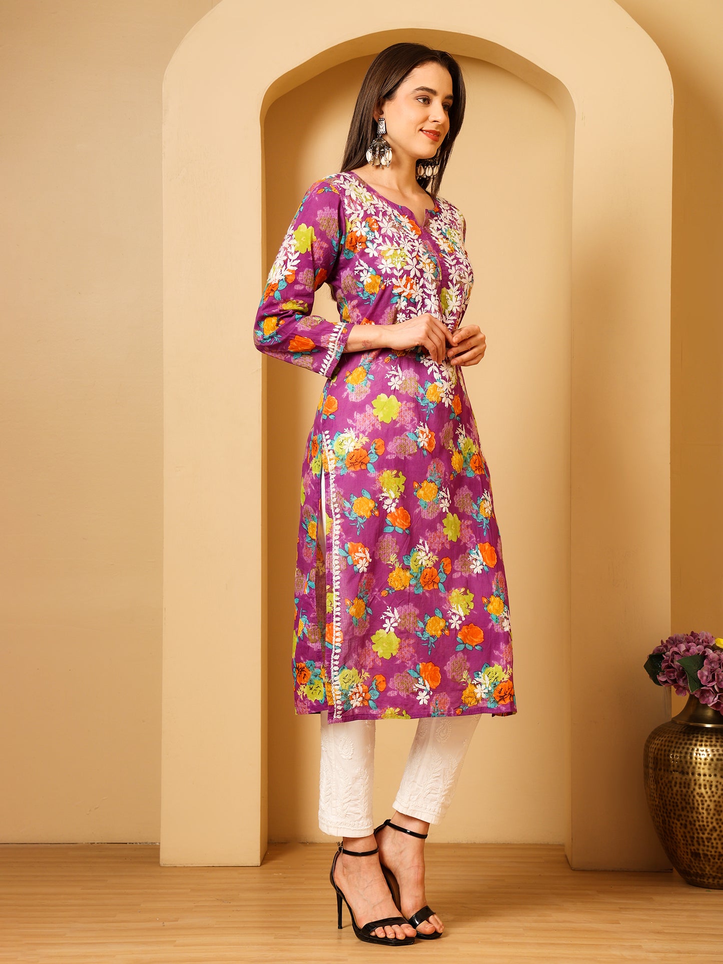Nazaira Women’s Purple MUL Cotton Lucknowi Chikankari Long Kurti | Hand-Embroidered Floral Printed Cotton Kurta | Elegant Ethnic Wear for Women | Traditional Lucknow Chikan Work |