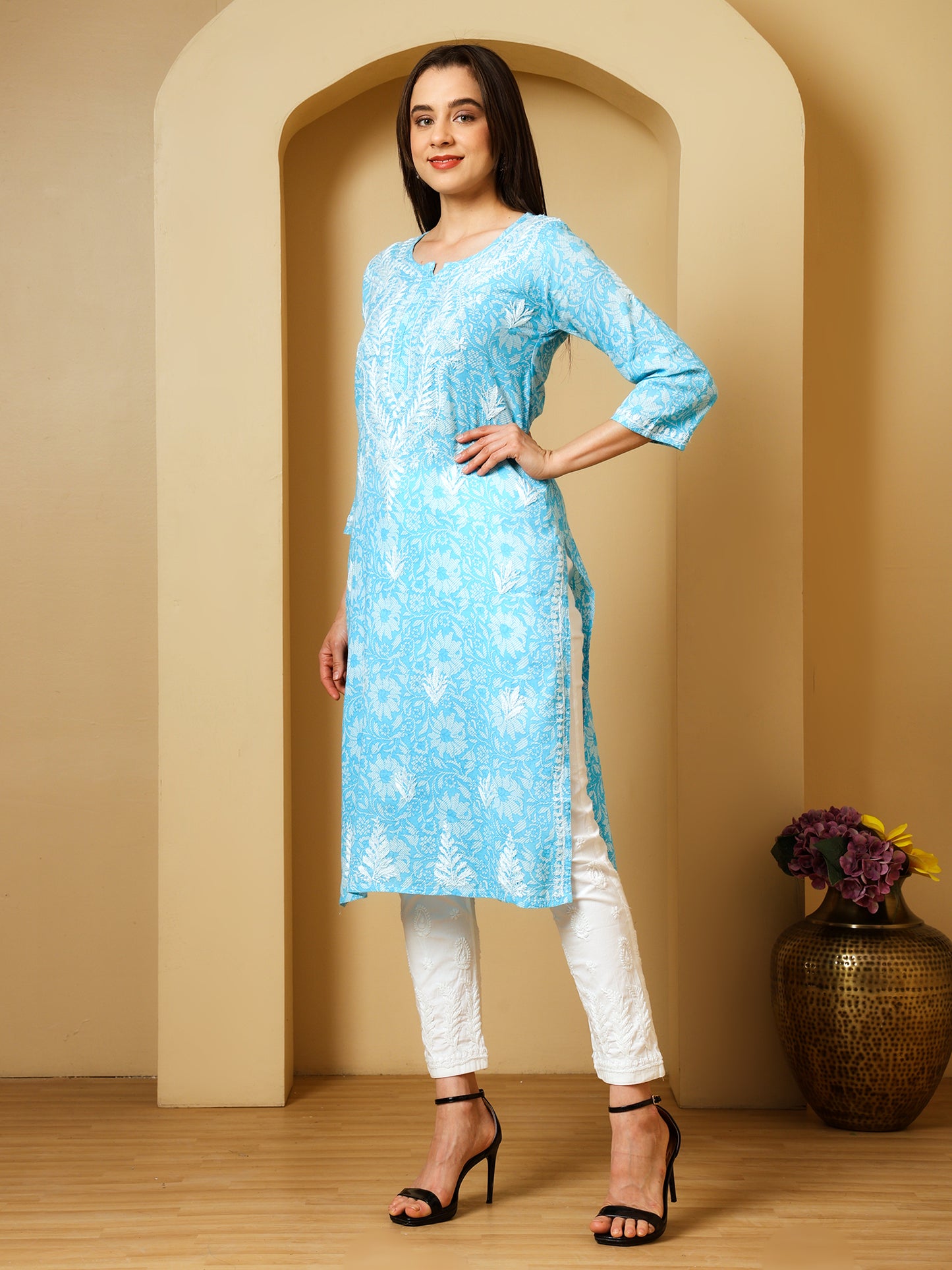Nazaira Mulmul Cotton Chikankari Kurta for Women Sky Blue | Hand Embroidered Lucknow Chikankari Kurti | Ethnic Wear Long Kurta for Women | Handmade Luckhnawi Chickankari Kurta