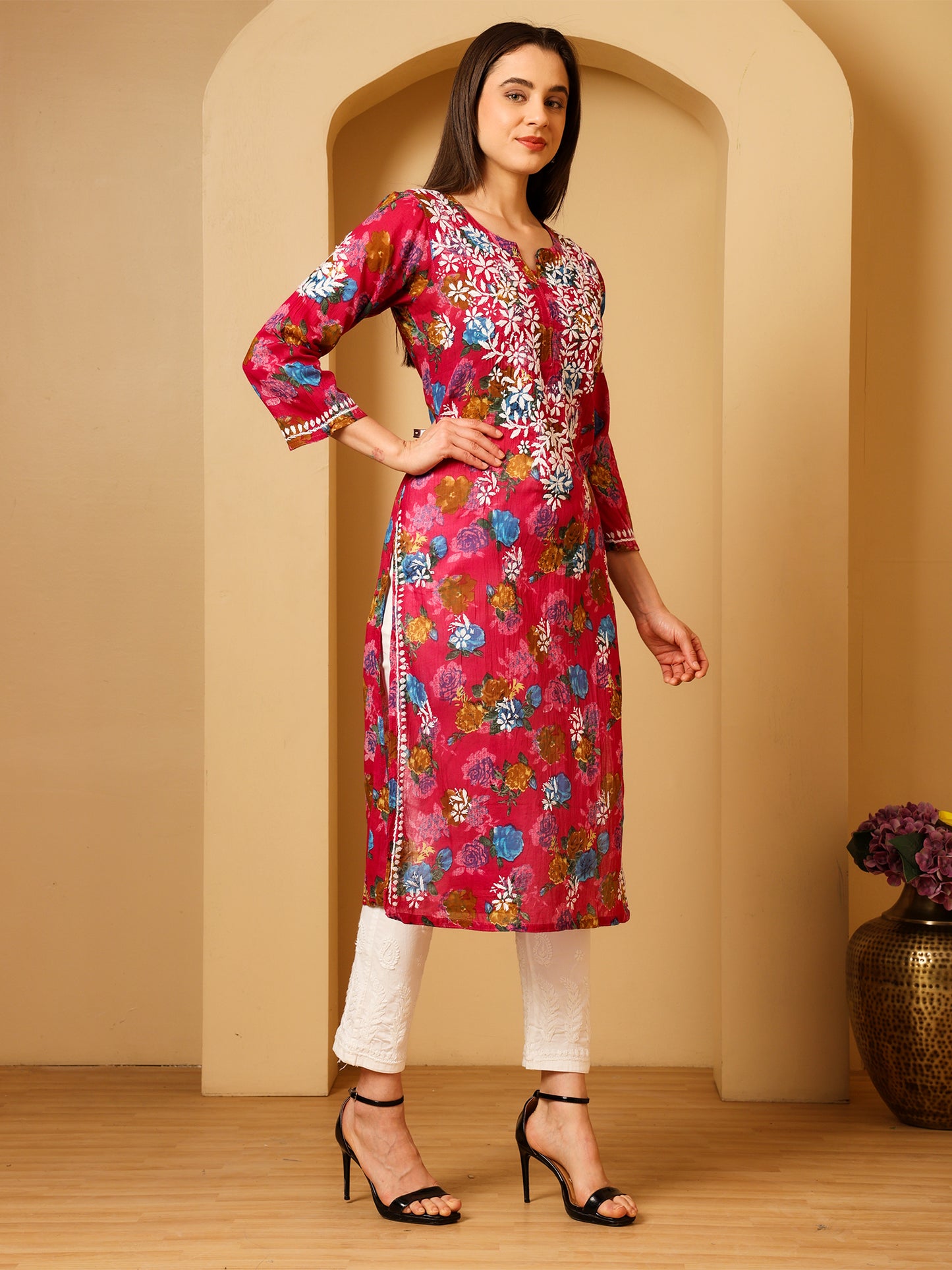 Nazaira Women’s Magenta Mul Cotton Lucknowi Chikankari Long Kurti | Hand-Embroidered Floral Printed Cotton Kurta | Elegant Ethnic Wear for Women | Traditional Lucknow Chikan Work |