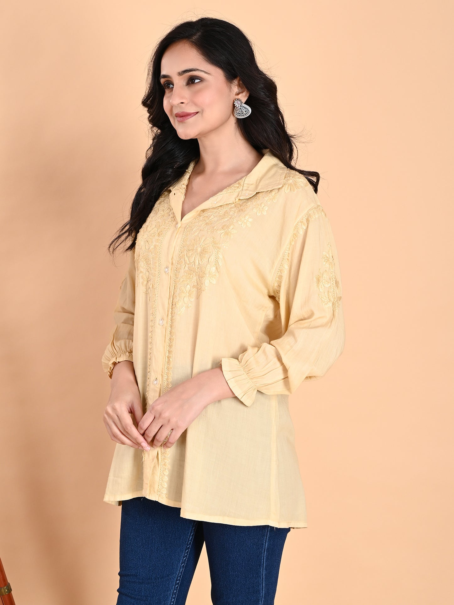 Cream Modal Lucknowi Chikankari Shirt Style Short Kurti for Women with Hand Embroidery – Casual Ethnic Wear Top