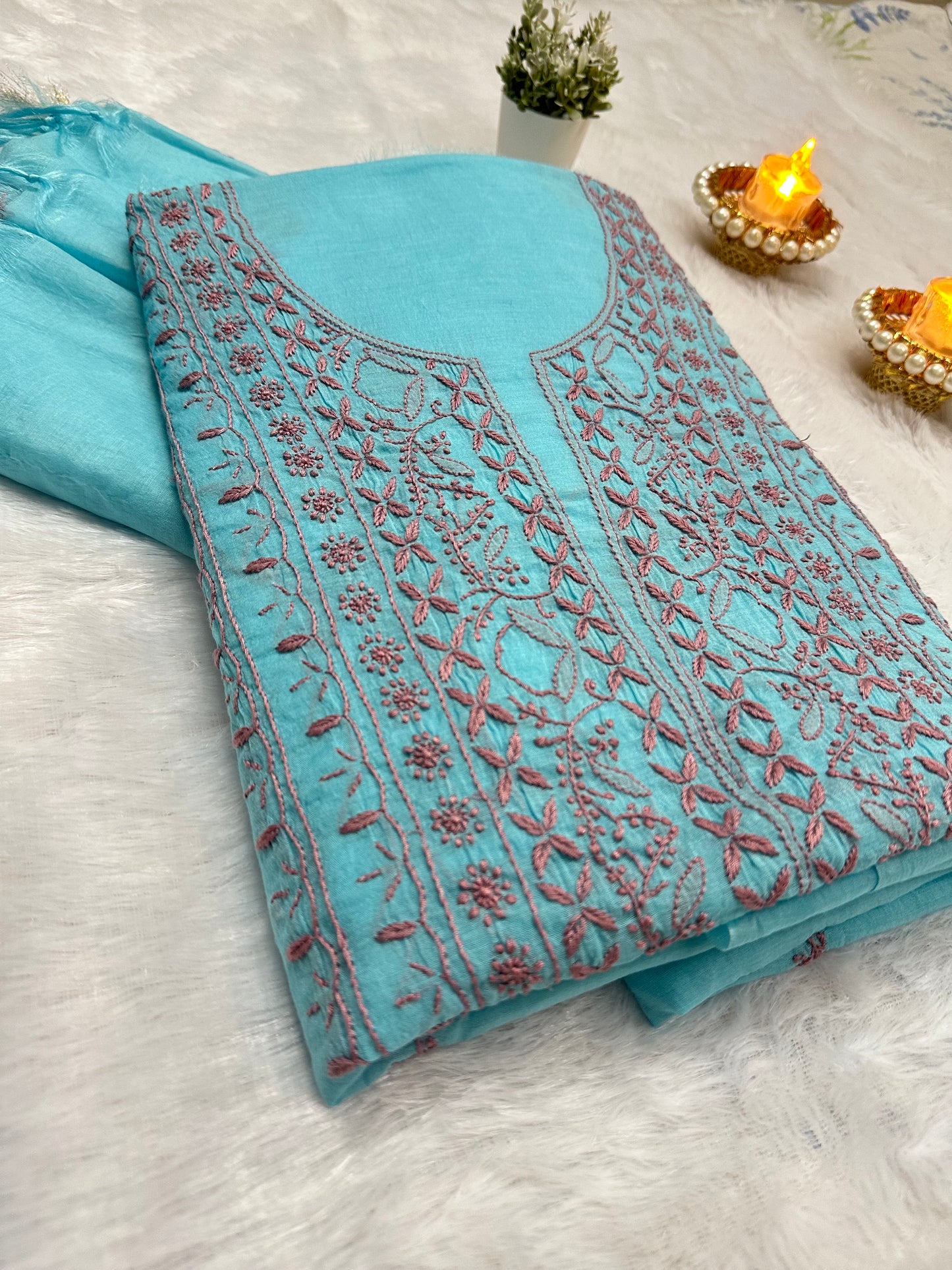 Pure Mul Chanderi Lucknowi Chikankari Unstitched Suit for Women with Dupatta – Hand Embroidered Ethnic Dress Material (2 Piece Set) - Sea Blue