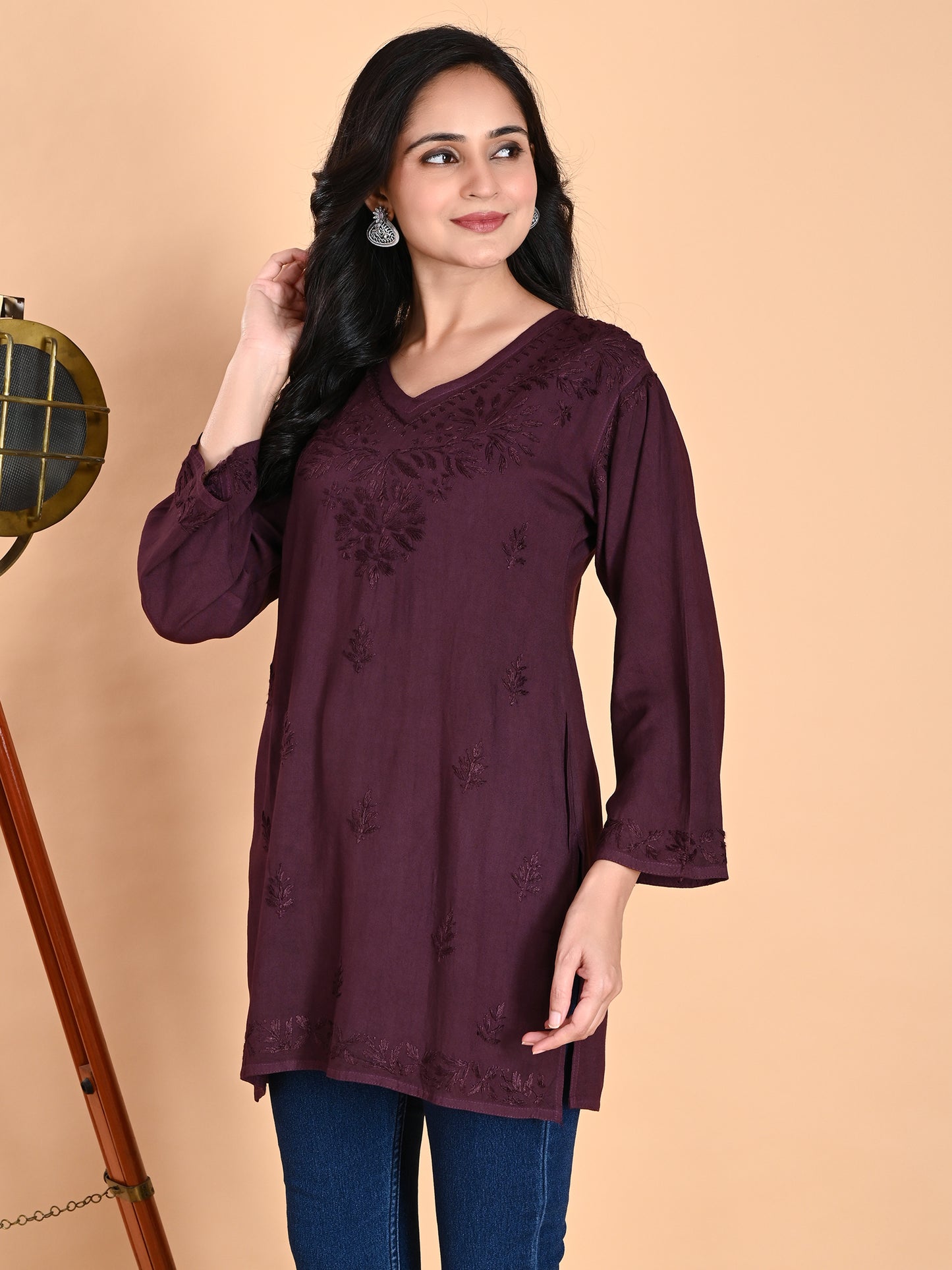 Wine Rayon Lucknowi Chikankari Short Kurti for Women with Hand Embroidery – Ethnic Daily Wear Tunic Top