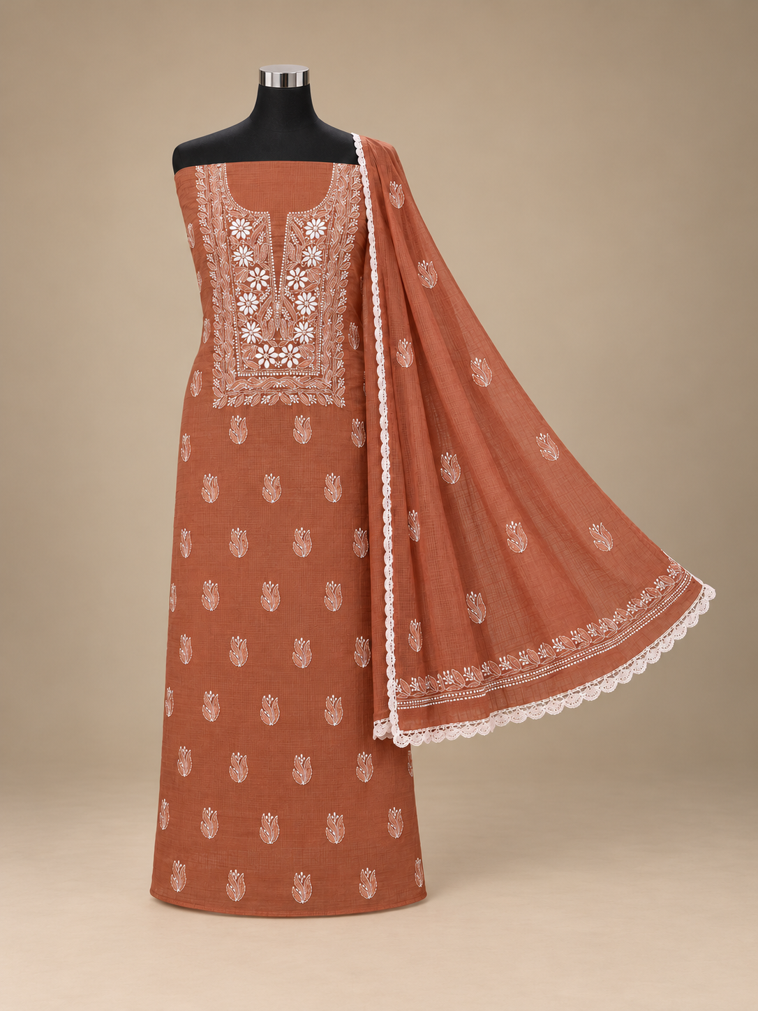 Women's Terracotta Brown Kota Cotton Unstitched 2 Piece Suit Dress Material with Dupatta | Lucknowi Chikankari Hand Embroidery | Glass Gala Neck, Heavy Dupatta Work | Pooja Wedding Festive