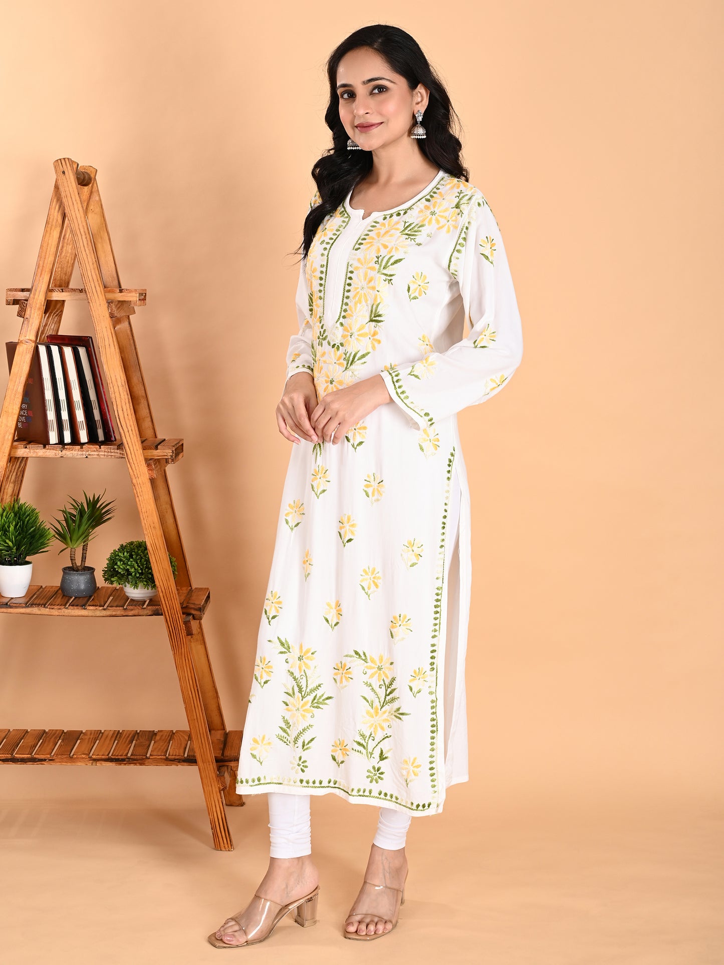 White Rayon Lucknowi Chikankari Long Kurta for Women with Yellow & Green Floral Hand Embroidery – Ethnic Wear Kurti