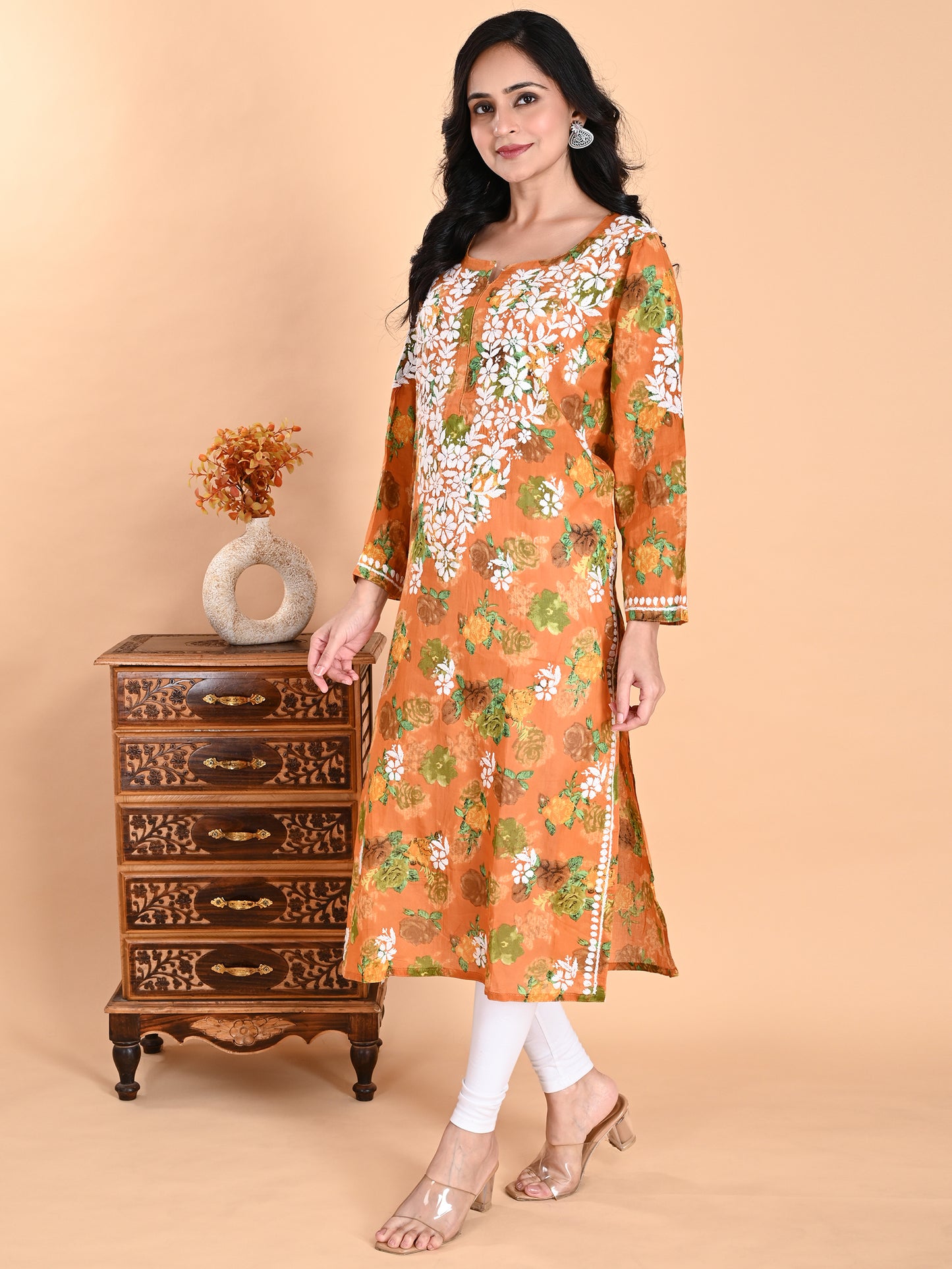 Mustard Mul Cotton Lucknowi Chikankari Floral Printed Long Kurti for Women with Hand Embroidery – Elegant Ethnic Wear Kurta