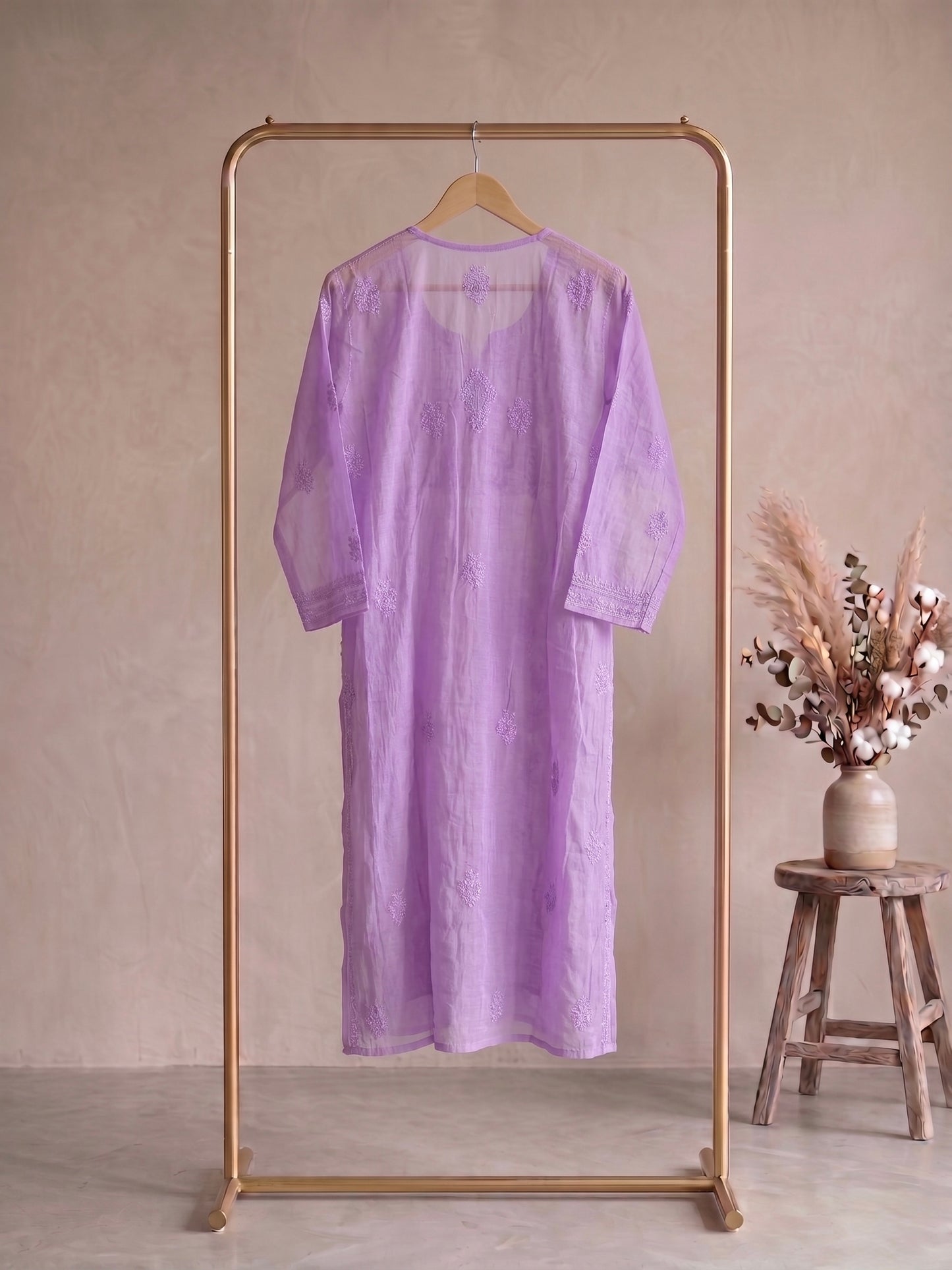 Nazaira Pure Mul Chanderi Semi-Stitched Dress Material for Women with Dupatta | Hand Embroidered Lucknow Chikankari Suit | Naira Cut Gown Style Ethnic Wear | Heavy Cutdana Work | Lavender
