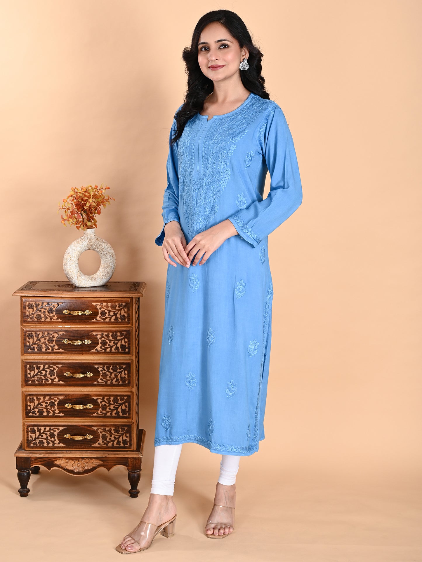 Blue Rayon Lucknowi Chikankari Long Kurta for Women with Hand Embroidery – Elegant Traditional Ethnic Wear Kurti