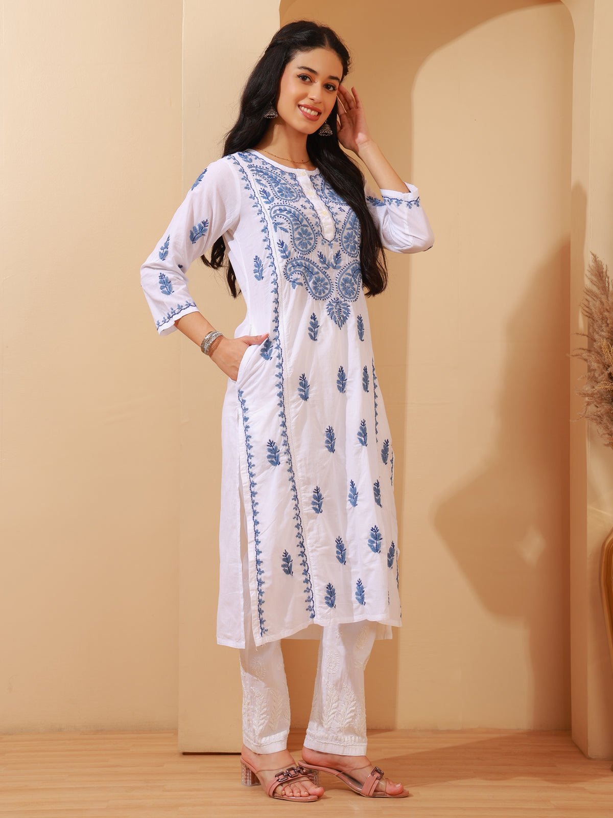Nazaira Cotton Chikankari Kurta for Women | White Long Kurti with Blue Hand Embroidery | Lucknowi Chikankari Handwork Ethnic Wear | Handmade Cotton Kurta with Pocket