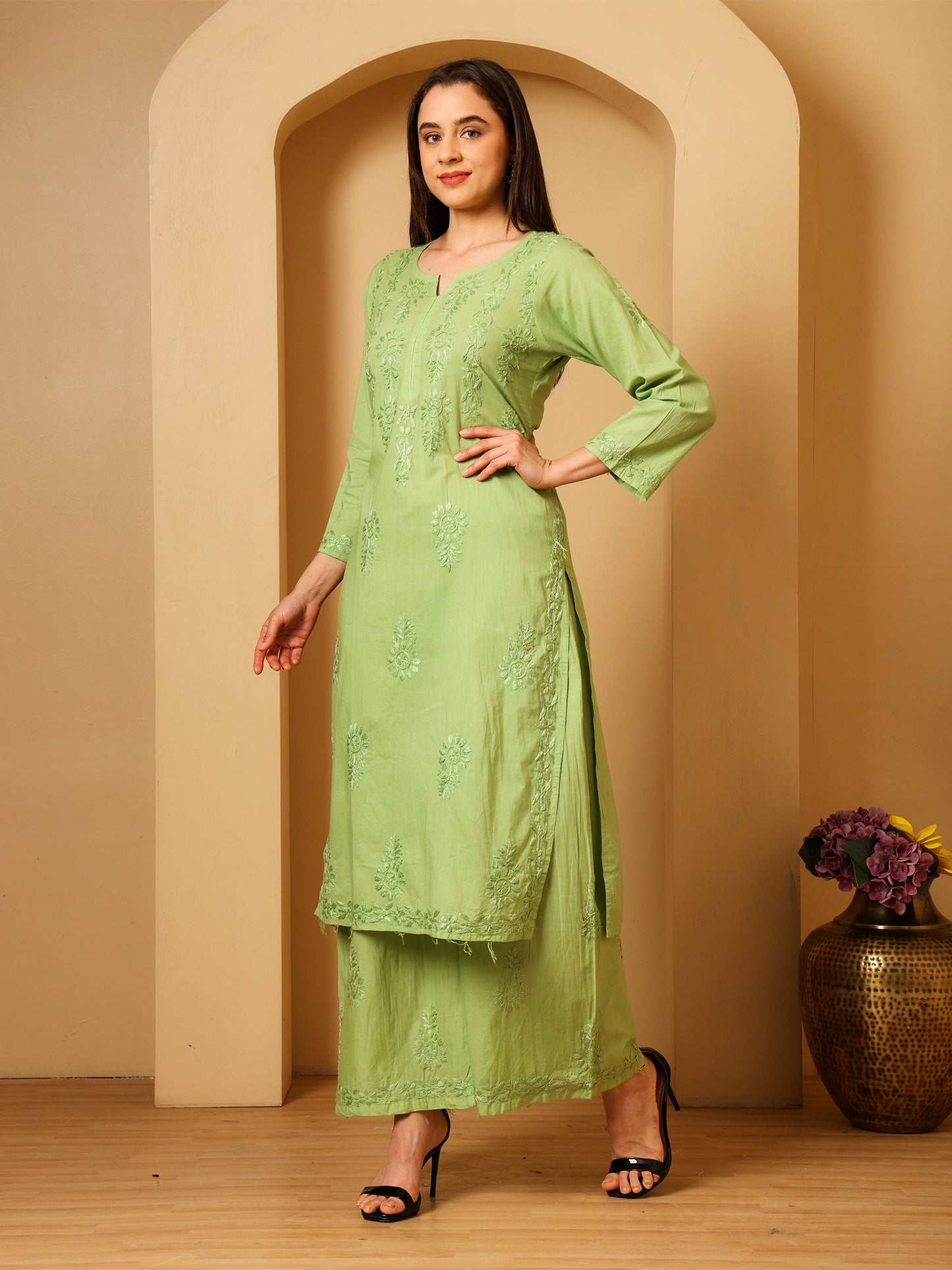 Cotton Chikankari Kurta Palazzo Set for Women | Hand Embroidered Lucknowi Chikankari Kurti with Palazzo | Ethnic Wear Long Kurta Set (Green) | Handmade Cotton Kurta for Women