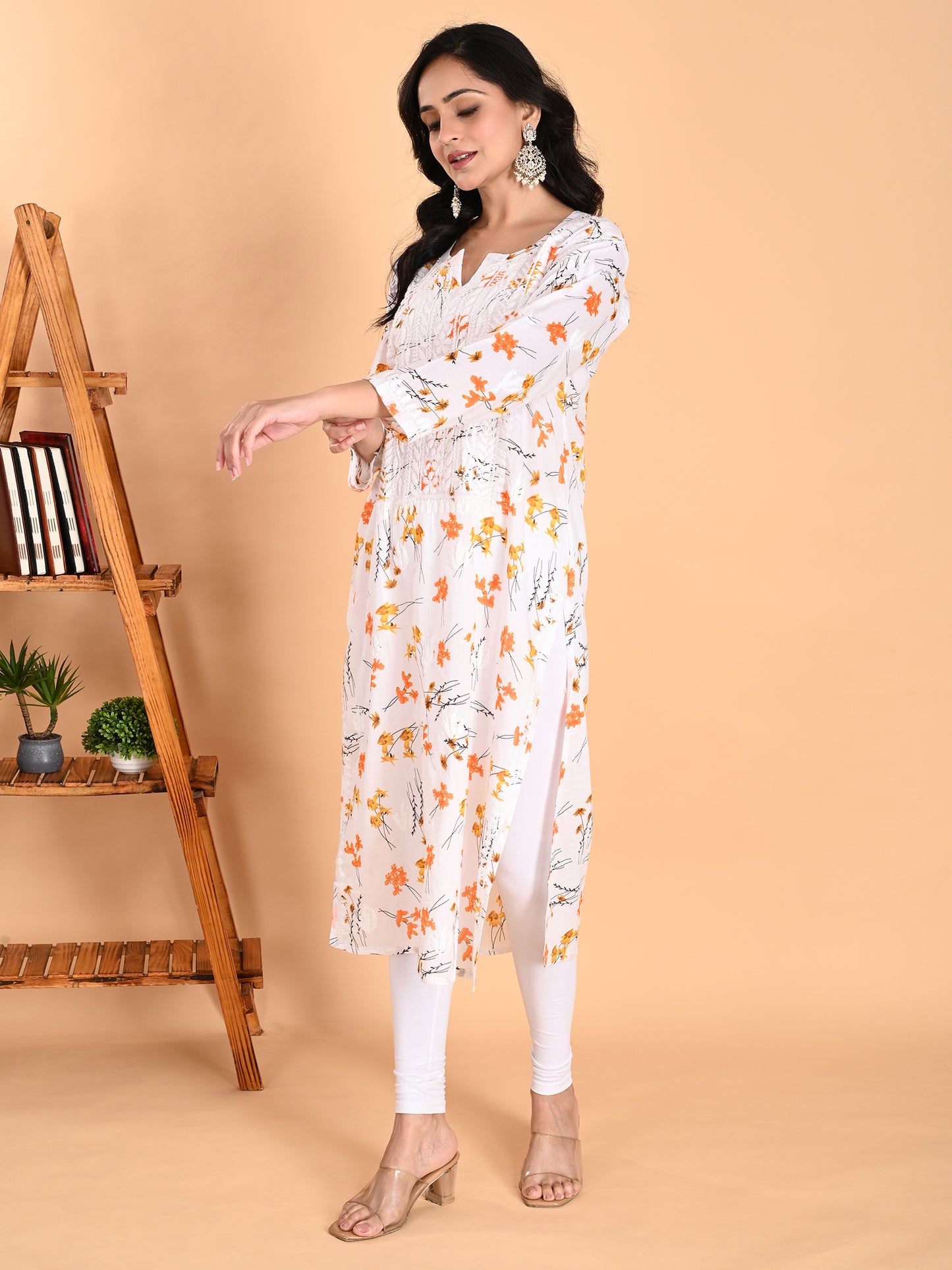 Mulmul Cotton Lucknowi Chikankari Orange Floral Printed Long Kurta for Women with Hand Embroidery – Ethnic Wear Kurti