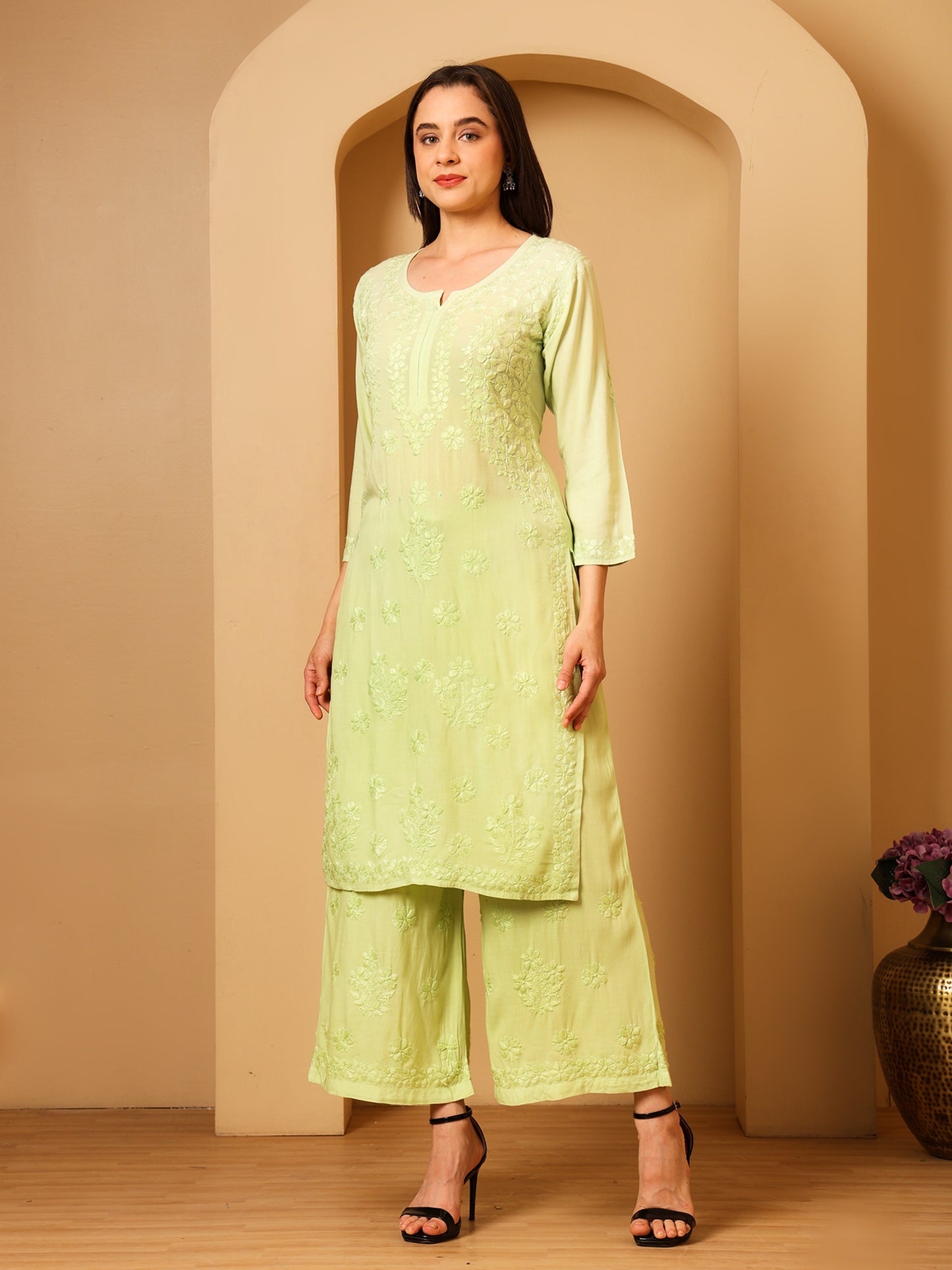 Nazaira Women’s Rayon Lucknow Chikankari Kurta Palazzo Set | Pista Green Ombre Hand Embroidered Kurti Set | Ethnic Wear for Women | Handmade Luckhnawi Chickankari Kurta with Palazzo