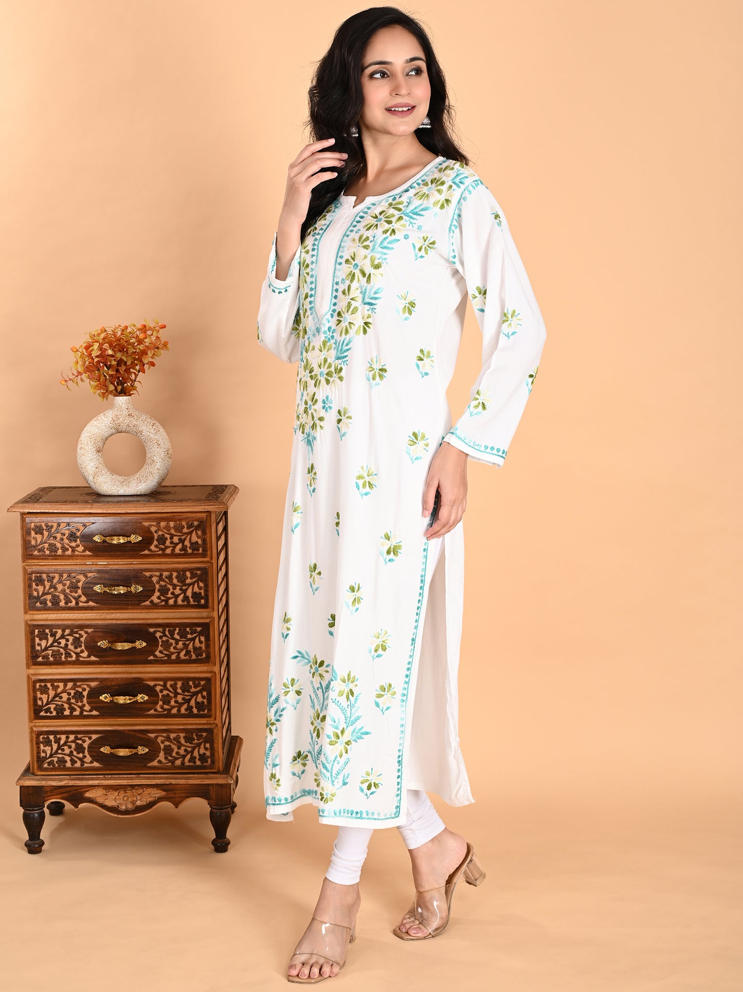 White Rayon Lucknowi Chikankari Long Kurta for Women with Blue & Green Floral Hand Embroidery – Ethnic Wear Kurti