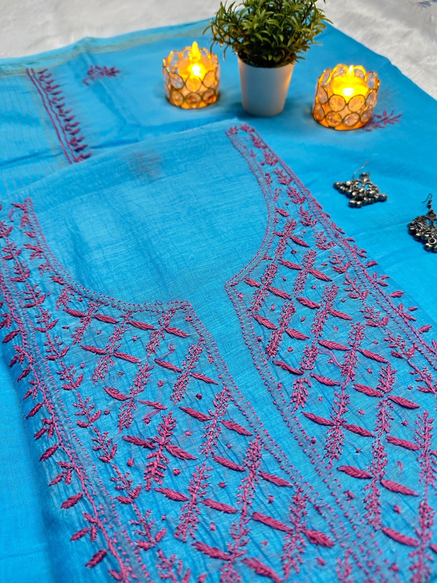 Pure Mul Chanderi Lucknowi Chikankari Unstitched Suit for Women with Dupatta – Hand Embroidered Ethnic Dress Material (2 Piece Set) - Blue