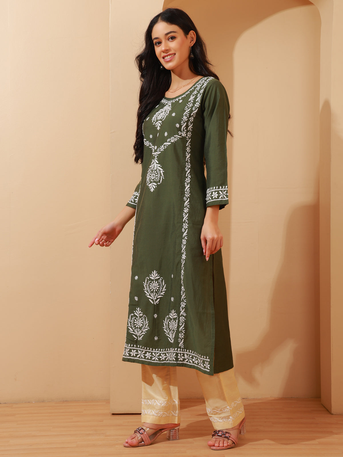 Nazaira Chanderi Chikankari Kurta Pant Set for Women | Olive Green Long Kurta with Hand Embroidery | Lucknowi Chikankari Ethnic Wear | 3/4 Sleeve Kurti Set with Pocket Pants