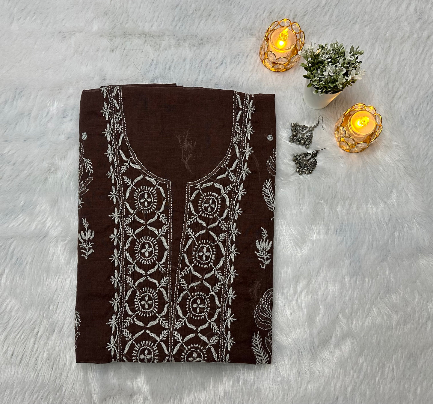 Pure Mul Chanderi Lucknowi Chikankari Unstitched Suit for Women with Dupatta – Hand Embroidered Ethnic Dress Material (2 Piece Set) - Brown