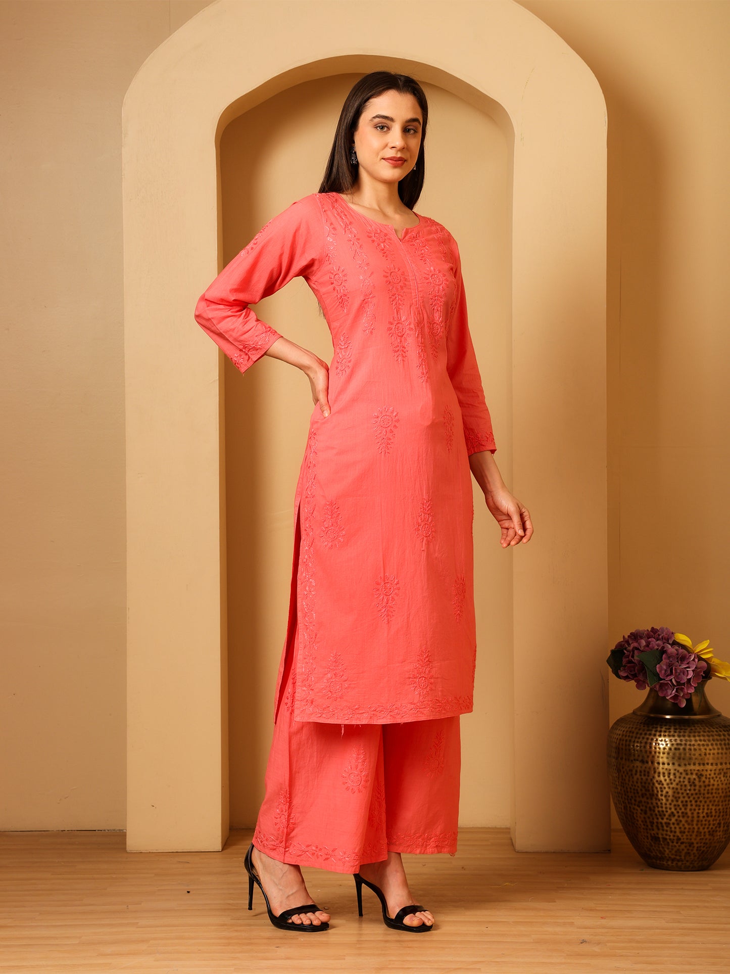 Nazaira Cotton Chikankari Kurta Palazzo Set for Women | Hand Embroidered Lucknowi Chikankari Kurti with Palazzo | Ethnic Wear Long Kurta Set (Pink) | Handmade Cotton Kurta for Women