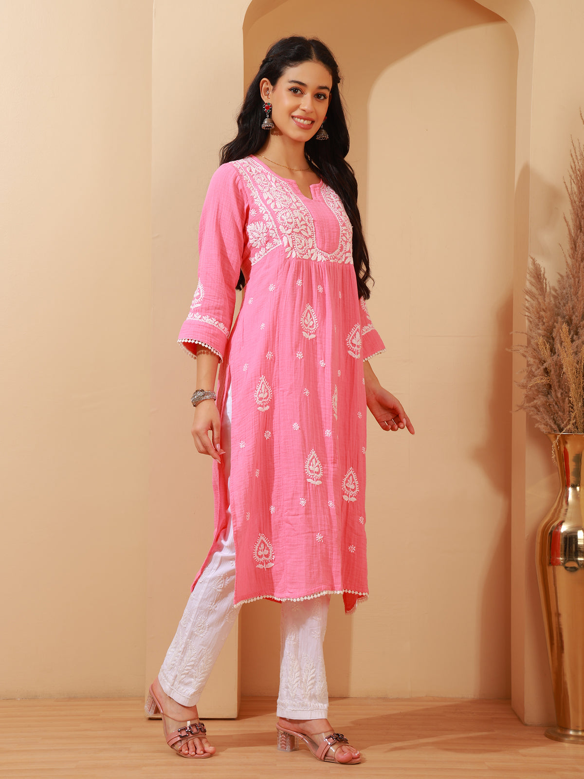 Nazaira Women's Pink Cotton Chikankari Kurta | Lucknowi Hand Embroidered Long Kurti with Pockets | Double Gauze Cotton Ethnic Wear | Modern Traditional Handwork Kurta