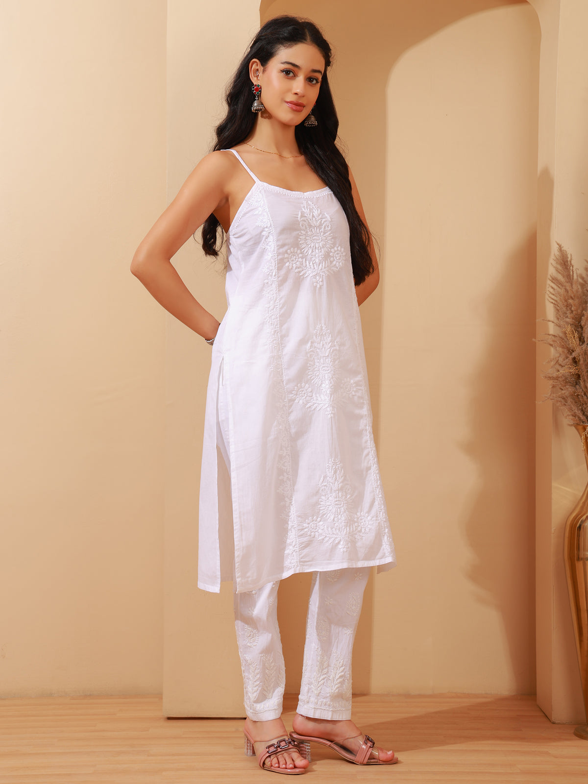 Nazaira Women's Cotton Lucknow Chikankari Long Spaghetti Style Sleeveless Kurta with Pant Set | White Hand Embroidered Ethnic Wear | Handmade Handwork Kurti Set