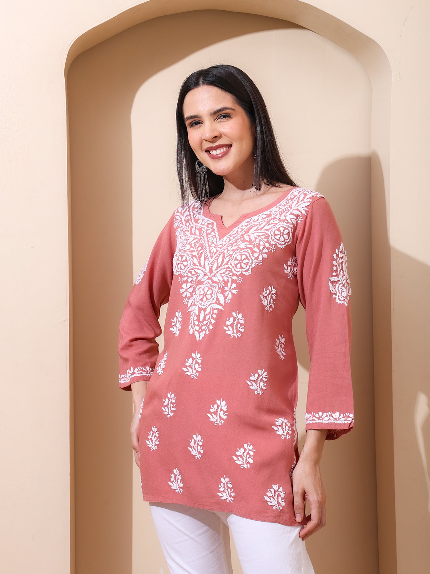 Nazaira Women’s Rayon Lucknow Chikankari Short Kurta | Handmade Hand Embroidered Luckhnawi Kurti for Women | Ethnic Wear Tunic Top for Daily, Casual Peach