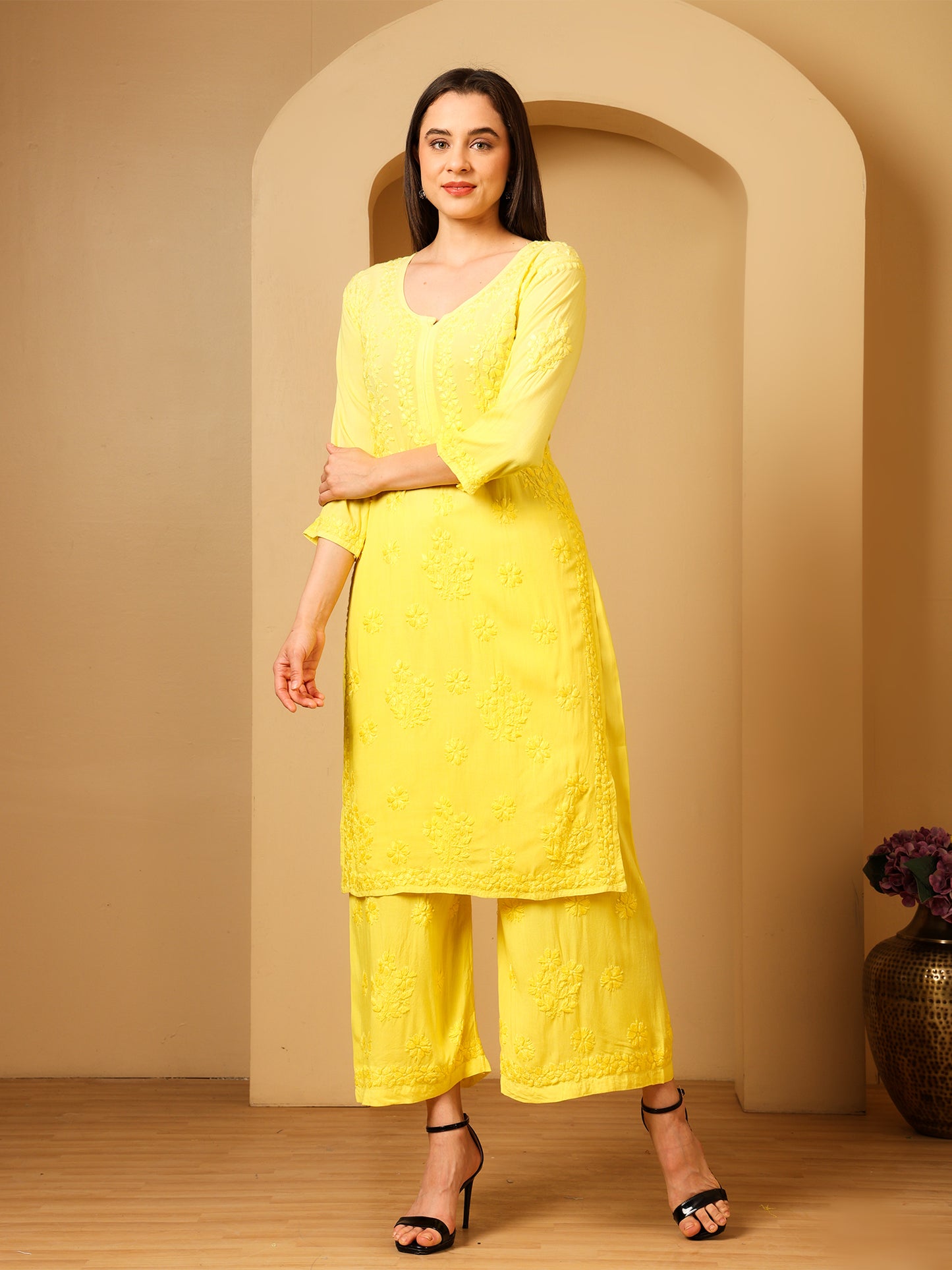 Nazaira Women’s Rayon Lucknow Chikankari Kurta Palazzo Set | Yellow Ombre Hand Embroidered Kurti Set | Ethnic Wear for Women | Handmade Luckhnawi Chickankari Kurta with Palazzo