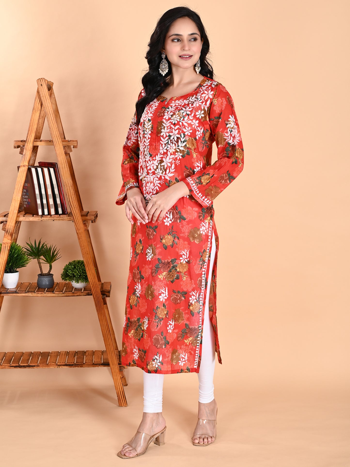Red Mul Cotton Lucknowi Chikankari Floral Printed Long Kurti for Women with Hand Embroidery – Elegant Ethnic Wear Kurta
