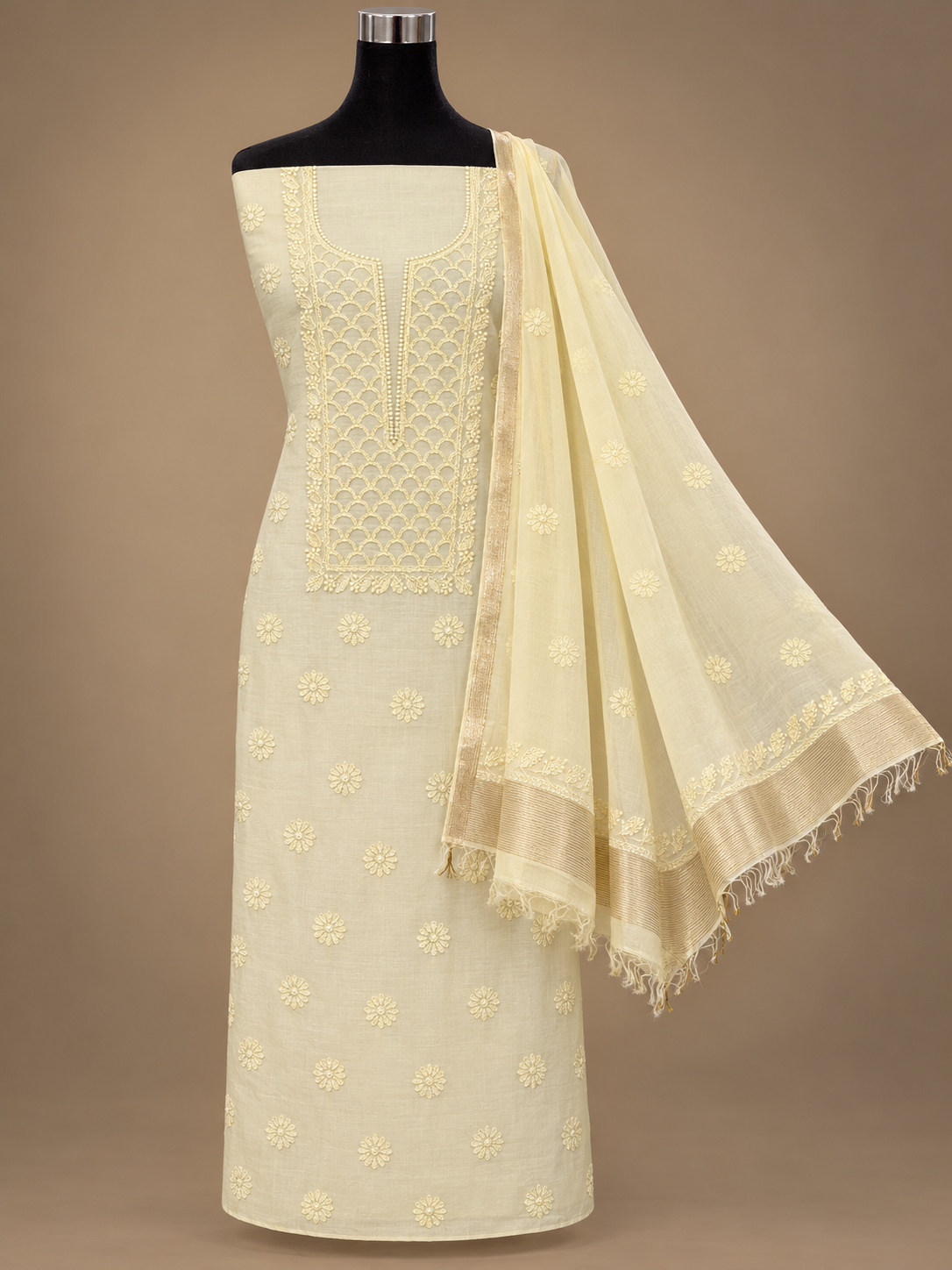 NAZAIRA Women's Lemon Yellow Silk Chanderi Unstitched 2-Piece Suit (Kurta Fabric & Dupatta) | Hand Embroidered Lucknow Chikankari | Glass Gala Neck Work, All-Over Buti | Wedding & Festive