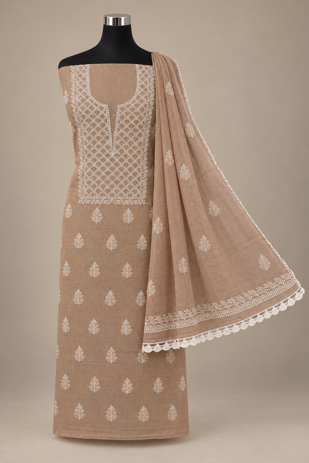 Women's Light Brown Kota Cotton Unstitched Lucknowi Chikankari Suit Material with Dupatta (2 Piece) | Glass Gala Neckline Hand Embroidery, Front and Back Buti Work | Festive Pooja and Wedding