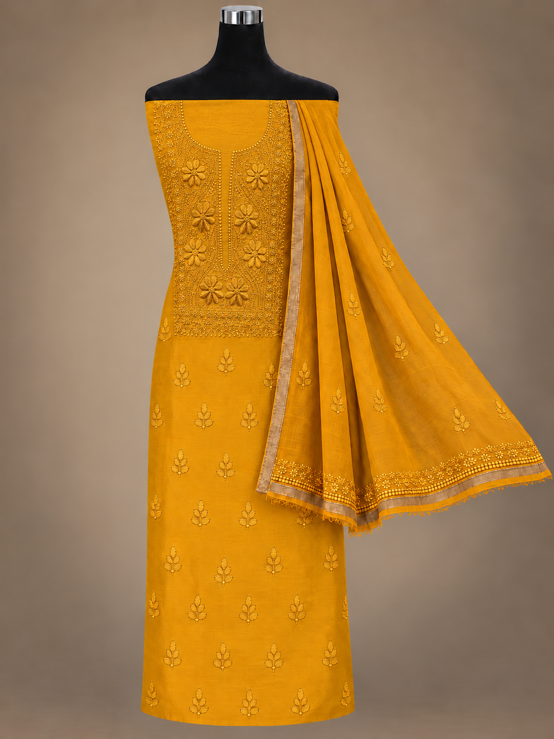 NAZAIRA Women's Mustard Silk Chanderi Unstitched 2-Piece Suit (Kurta Fabric & Dupatta) | Hand Embroidered Lucknow Chikankari | Glass Gala Neck Work, All-Over Buti | Wedding & Festive