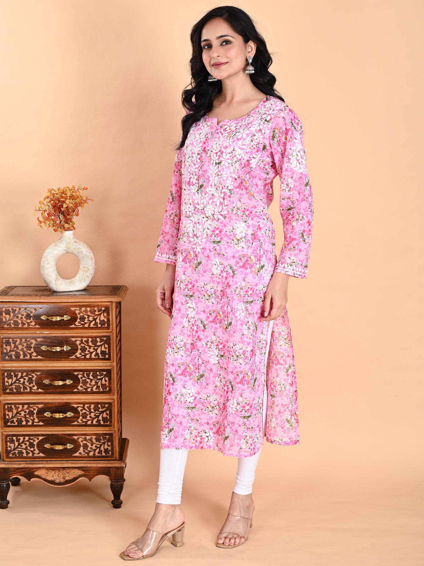 Pink Mul Cotton Lucknowi Chikankari Floral Printed Long Kurti for Women with Hand Embroidery – Elegant Ethnic Wear Kurta