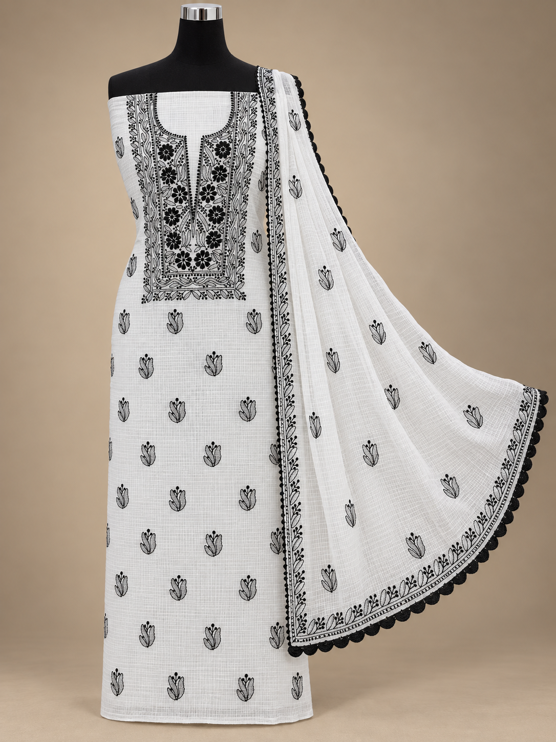 Women's White Kota Cotton Unstitched 2 Piece Suit Dress Material with Dupatta | Lucknowi Chikankari Hand Embroidery | Glass Gala Neck, Heavy Dupatta Work | Pooja Wedding Festive