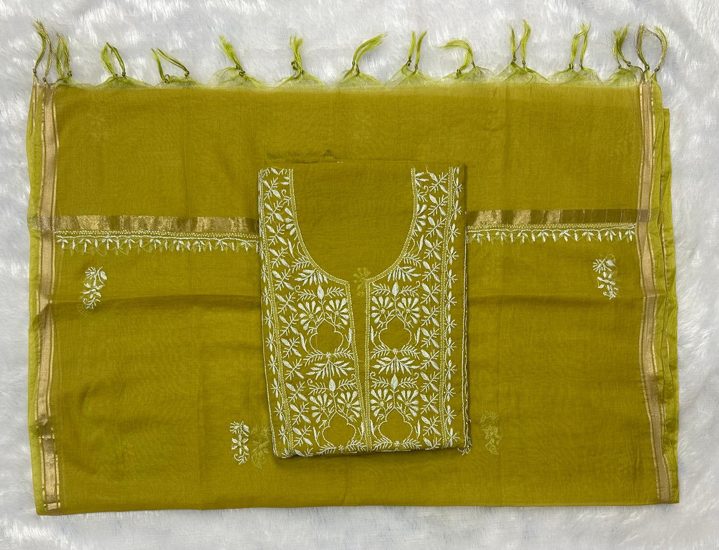 Pure Mul Chanderi Lucknowi Chikankari Unstitched Suit for Women with Dupatta – Hand Embroidered Ethnic Dress Material (2 Piece Set) - Mehendi