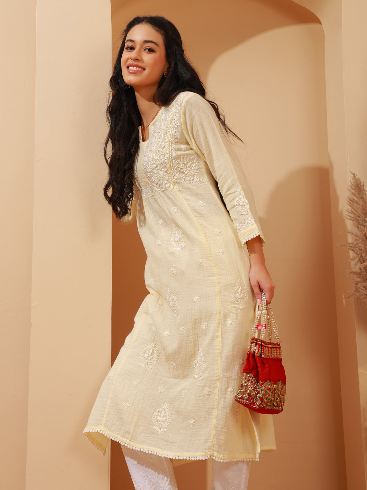 Nazaira Women's Cream Cotton Chikankari Kurta | Lucknowi Hand Embroidered Long Kurti with Pockets | Double Gauze Cotton Ethnic Wear | Modern Traditional Handwork Kurta