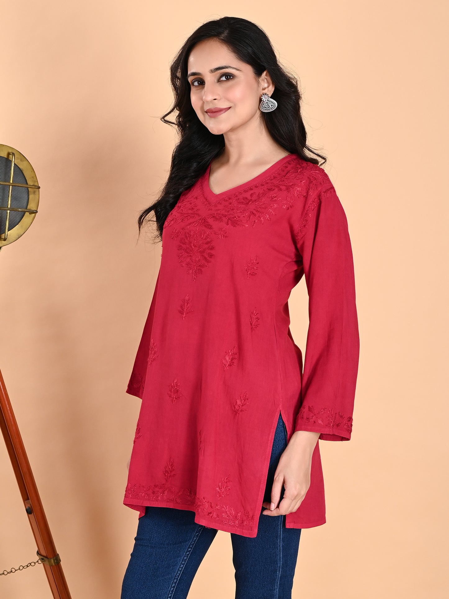Magenta Rayon Lucknowi Chikankari Short Kurti for Women with Hand Embroidery – Ethnic Daily Wear Tunic Top