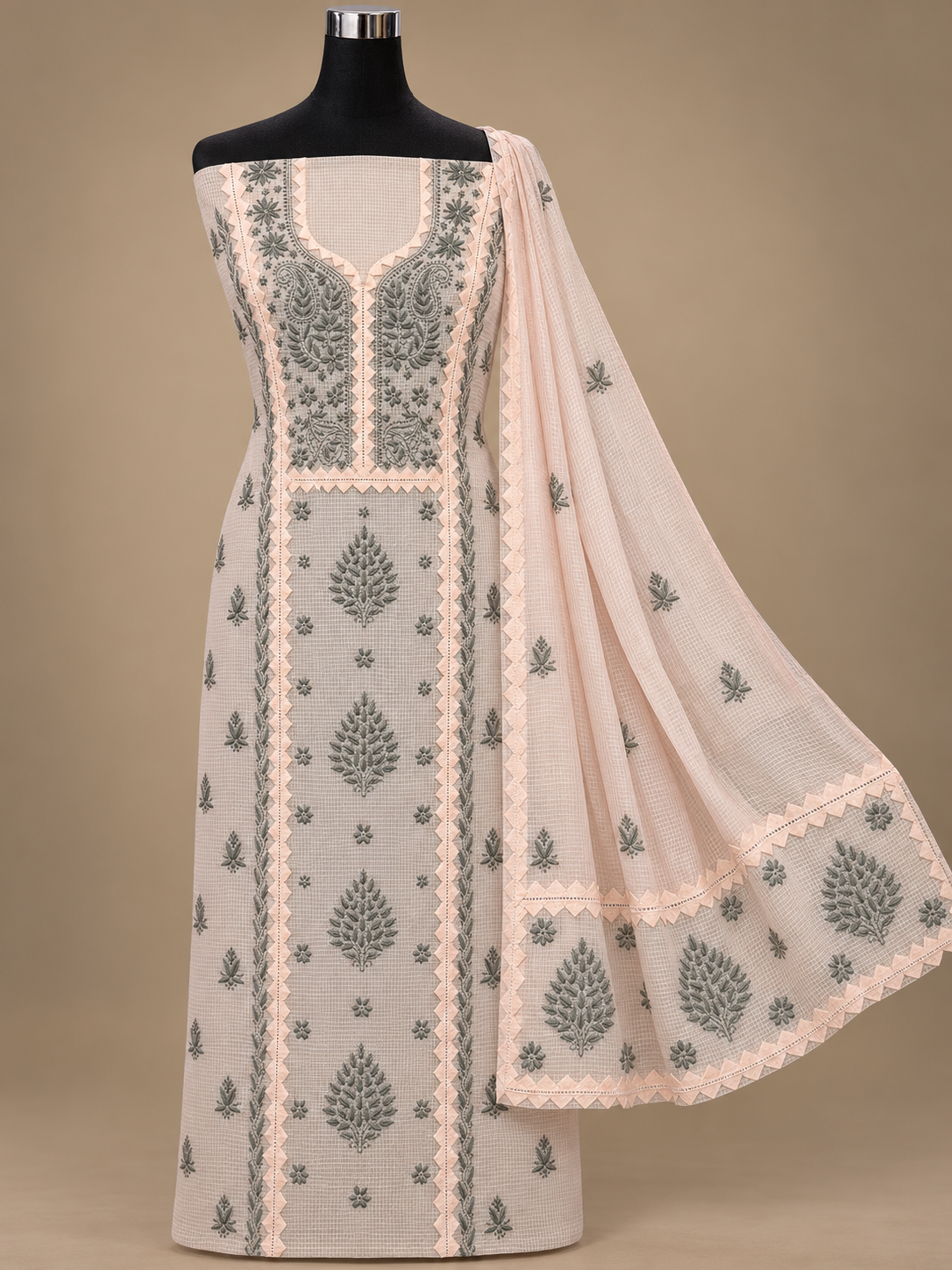 NAZAIRA Women's Peach Kota Cotton Unstitched 2 Piece Suit Dress Material with Dupatta | Lucknow Chikankari Hand Embroidery, Applique & 3D Work | Heavy Dupatta, Wedding & Festive