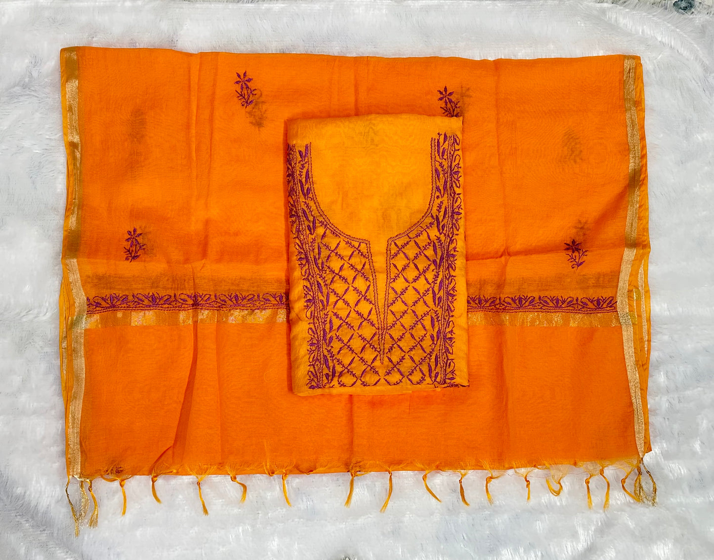 Pure Mul Chanderi Lucknowi Chikankari Unstitched Suit for Women with Dupatta – Hand Embroidered Ethnic Dress Material (2 Piece Set) - Orange 2