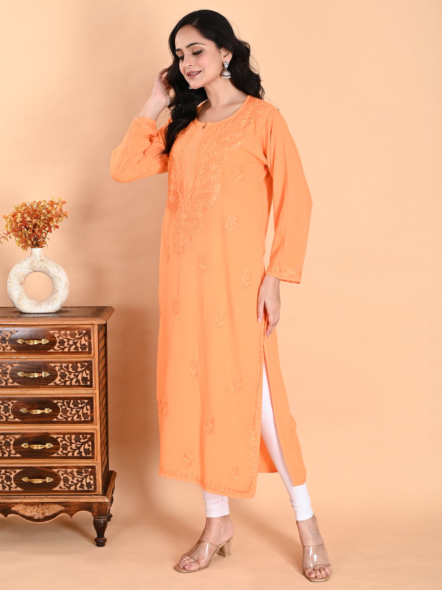 Orange Rayon Lucknowi Chikankari Long Kurta for Women with Hand Embroidery – Elegant Traditional Ethnic Wear Kurti