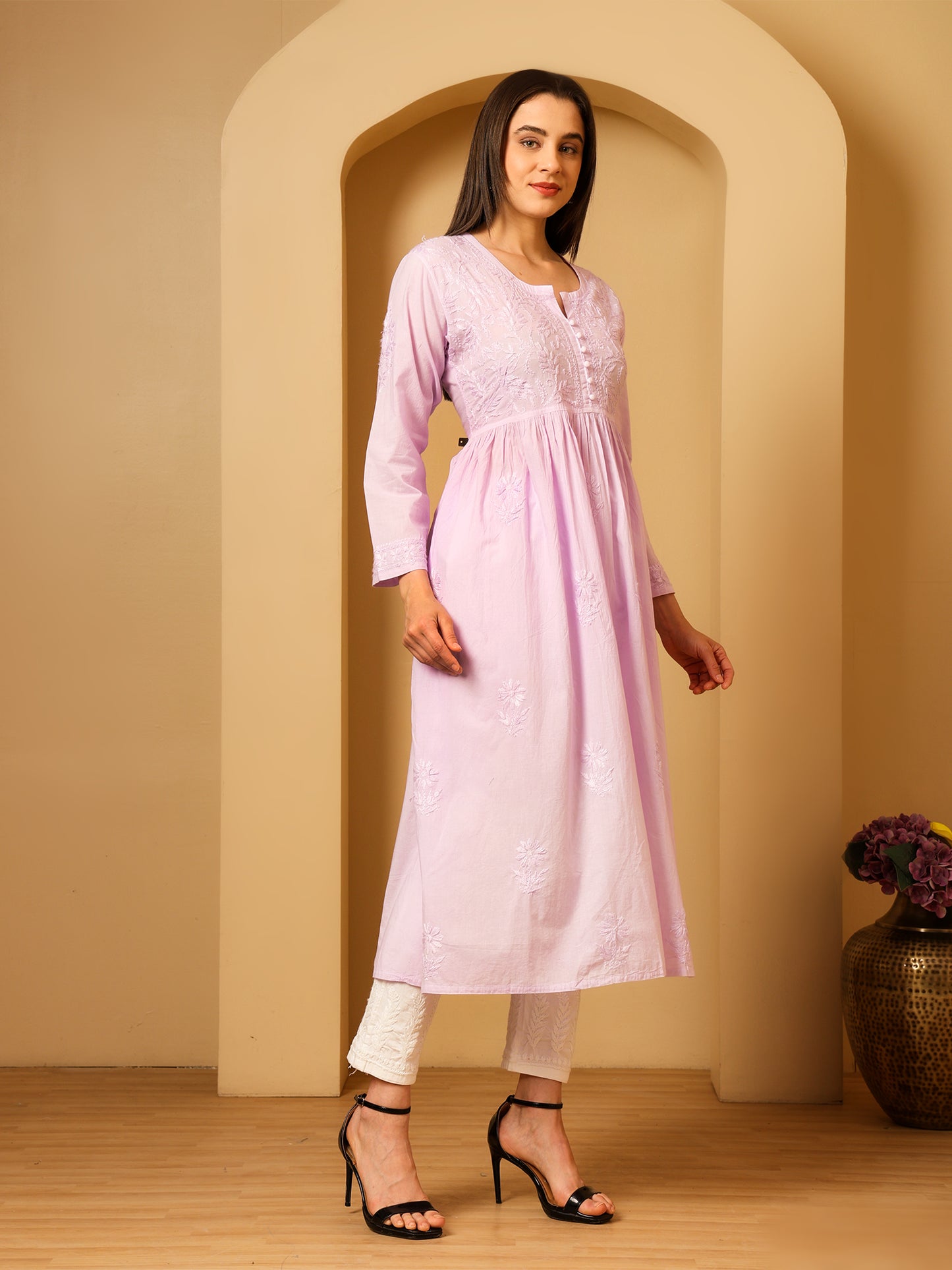 Nazaira Women’s Cotton Chikankari Kurta Gown Style Lavender | Hand Embroidered Lucknow Chikankari Kurti | Ethnic Wear for Women | Long Anarkali Kurta | Handmade Cotton Kurta