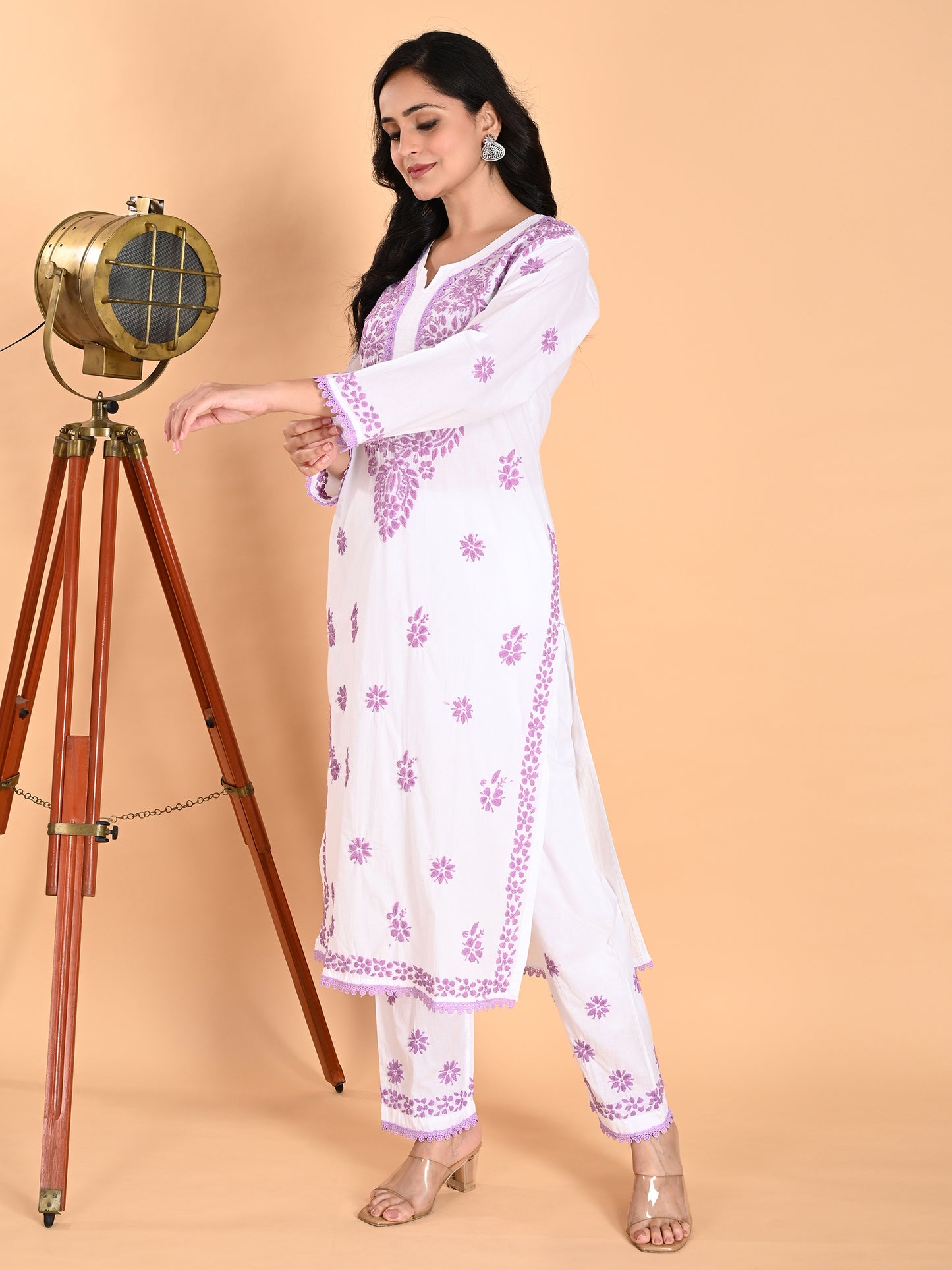 White Cotton Lucknowi Chikankari Kurta with Pajama Set for Women with Purple Hand Embroidery – Ethnic Wear Suit Set