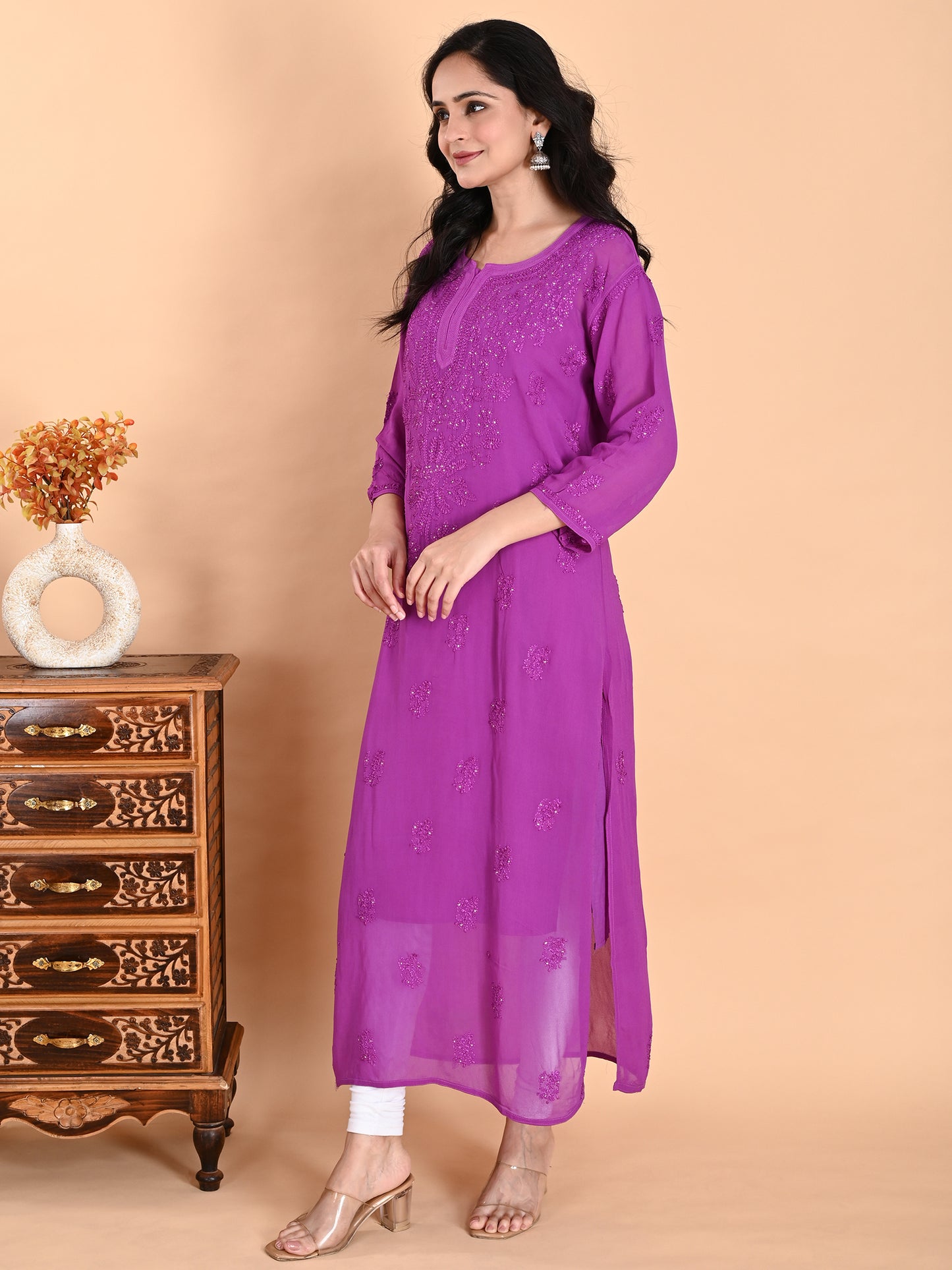Purple Viscose Georgette Lucknowi Chikankari Long Kurta for Women with Inner, Hand Embroidery, Mukaish & Resham Thread Work – Ethnic Wear Kurti