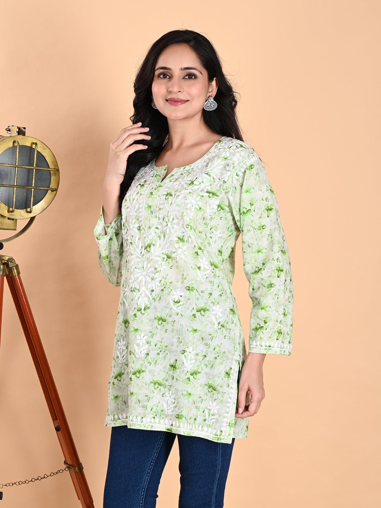 Green Mul Cotton Lucknowi Chikankari Short Kurti for Women with Hand Embroidery – Casual Ethnic Wear Top
